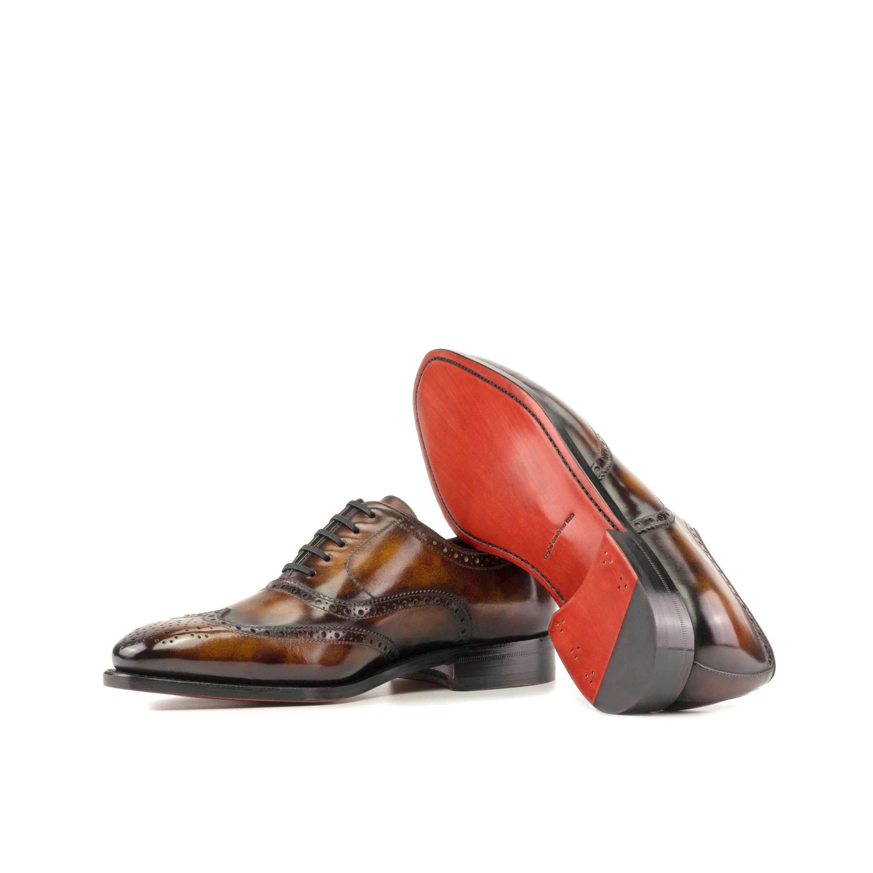 Brown leather wingtip Bondo patina brogue shoes elegantly designed for the fast lane