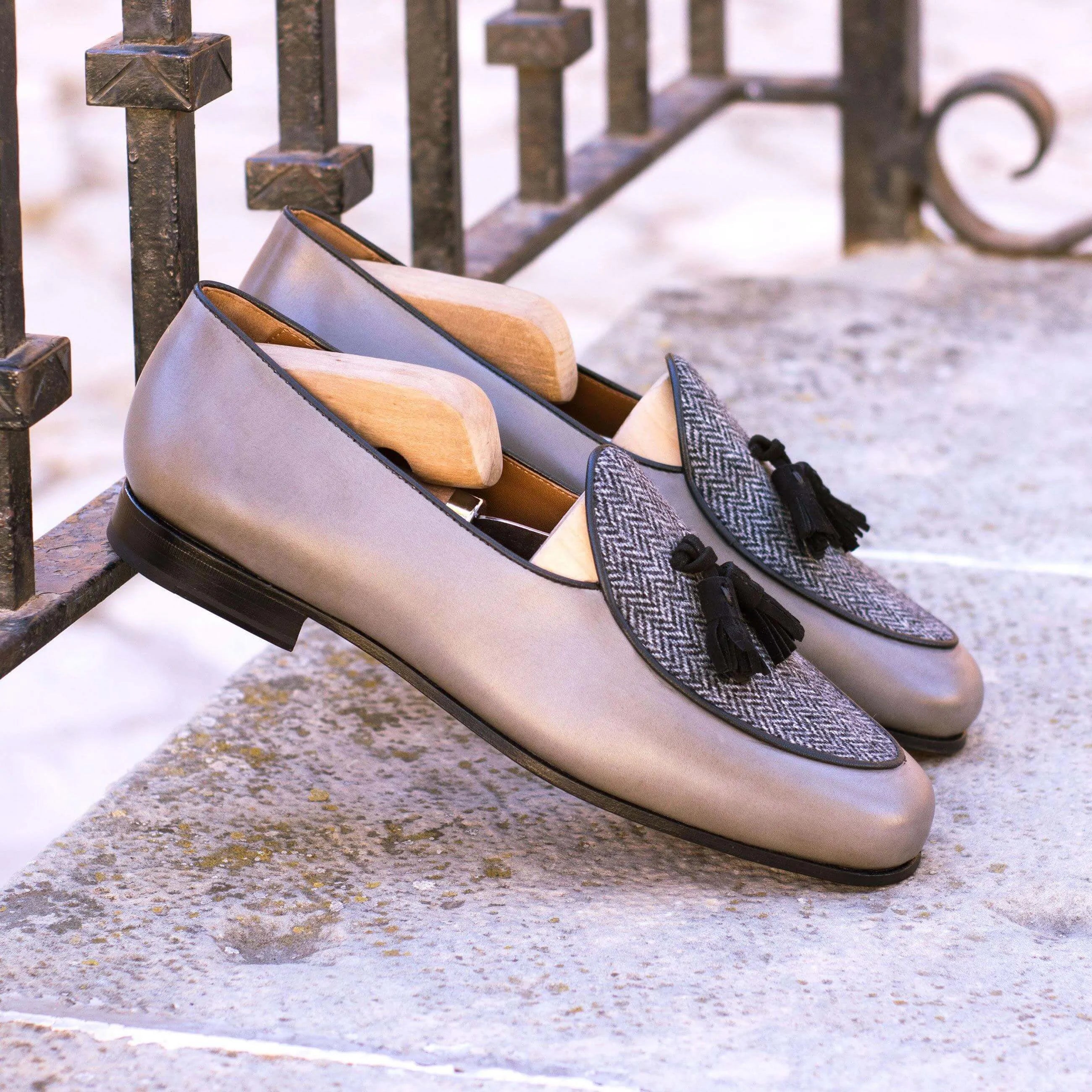 Gray leather tassel loafers from the Boni Belgian Slipper II collection