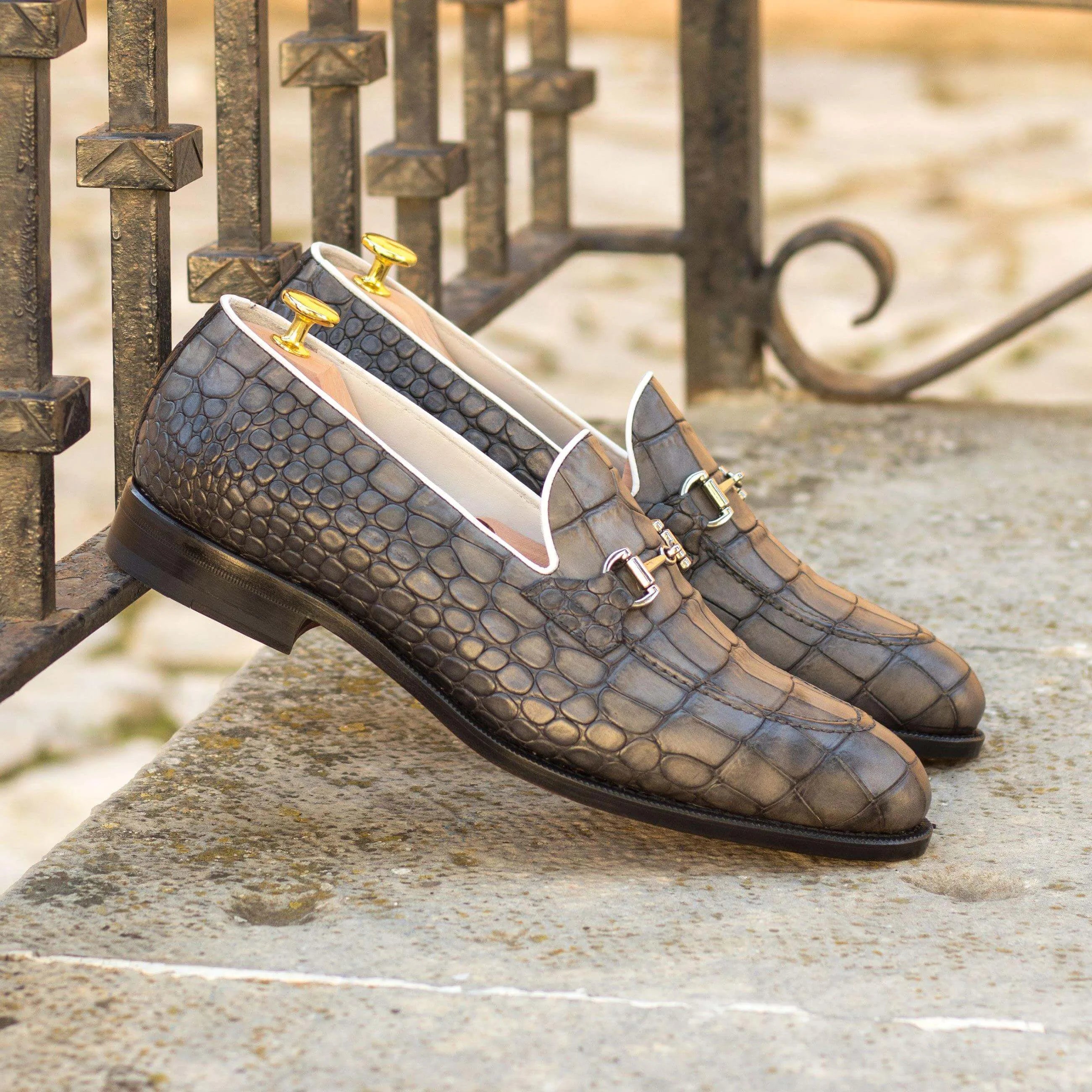 Gray crocodile-patterned Boris Loafers, a sophisticated choice in luxury bespoke shoes for men