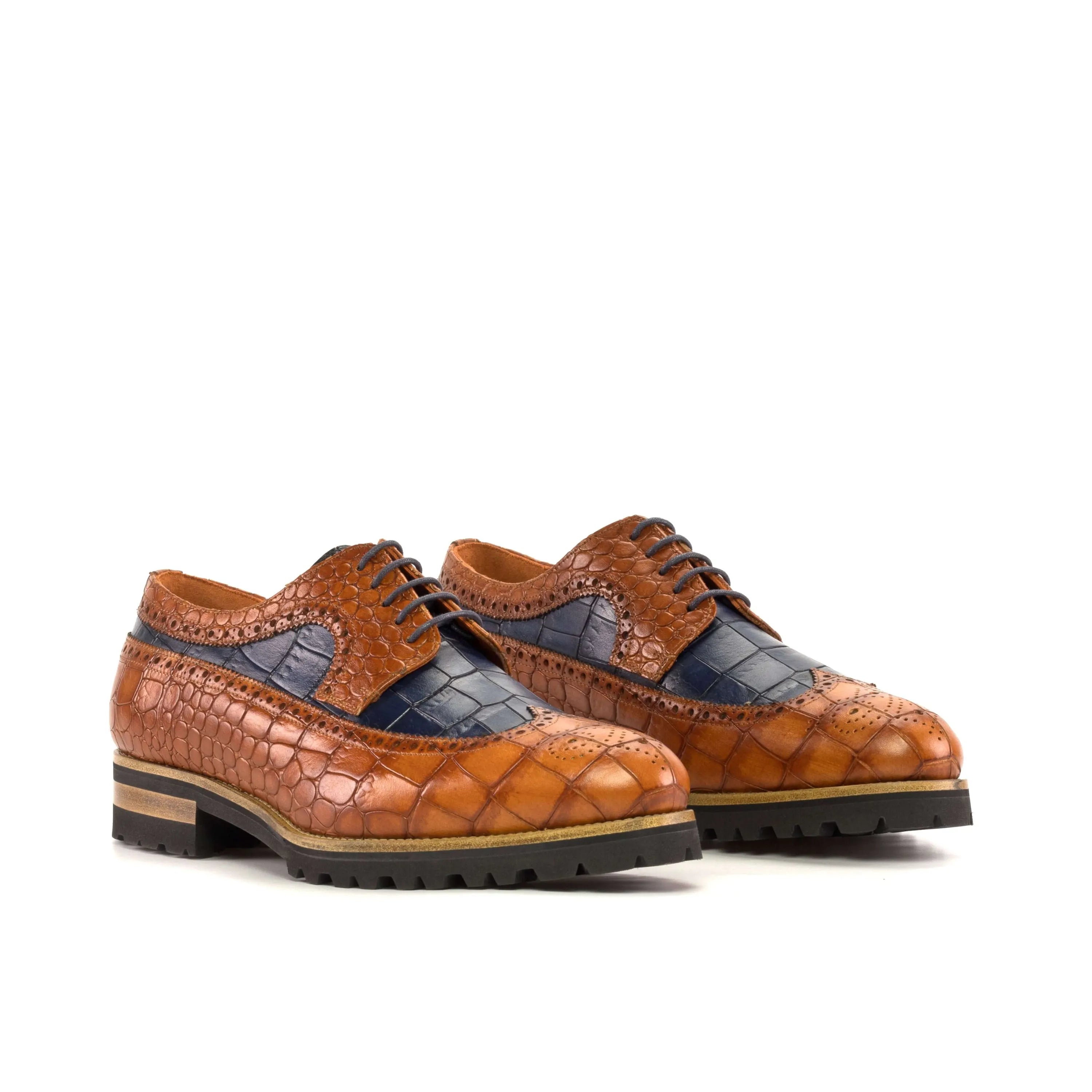 Brown and blue painted croco leather Bornard Longwing Blucher dress shoes