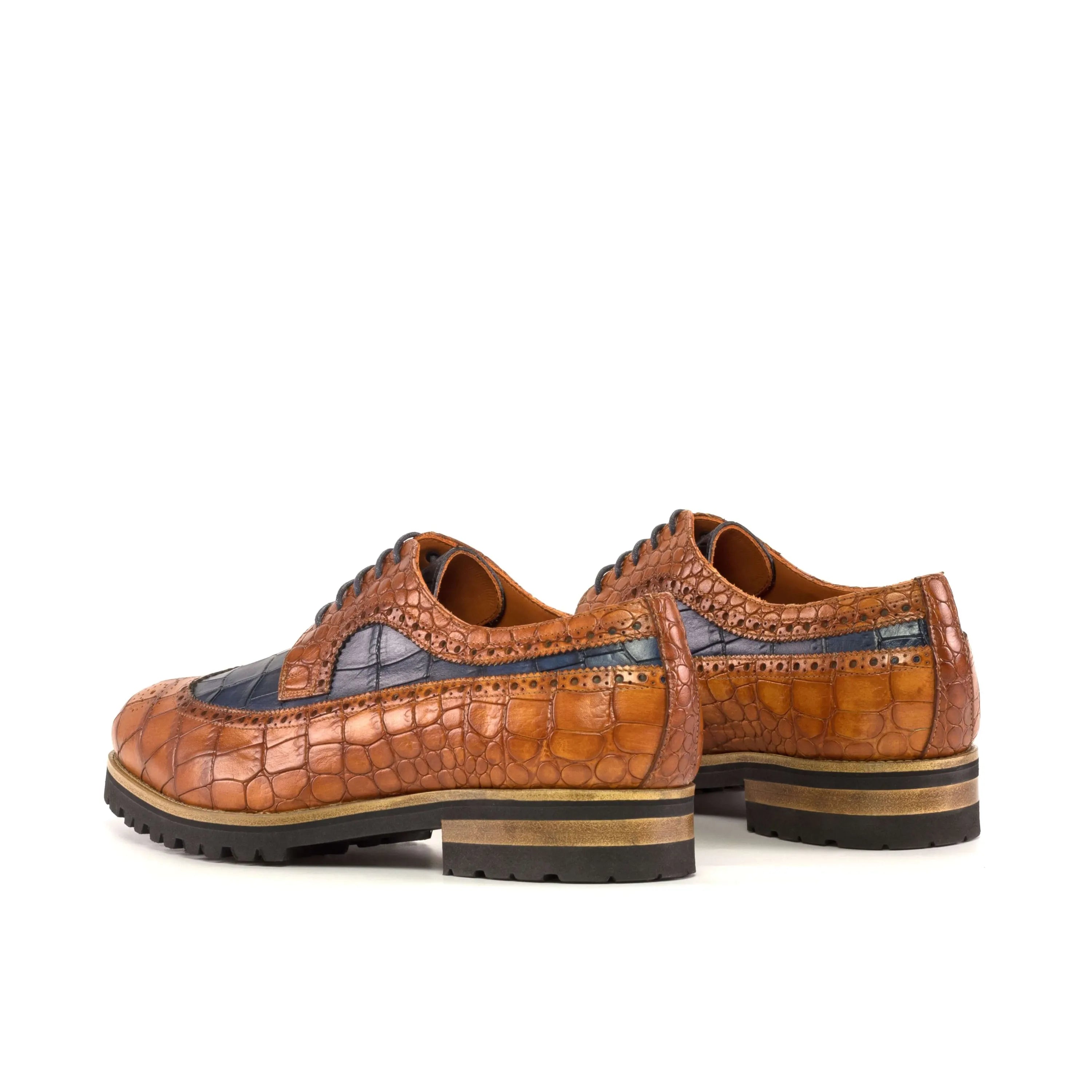 Brown crocodile-patterned leather dress shoes, the Bornard Longwing Blucher model