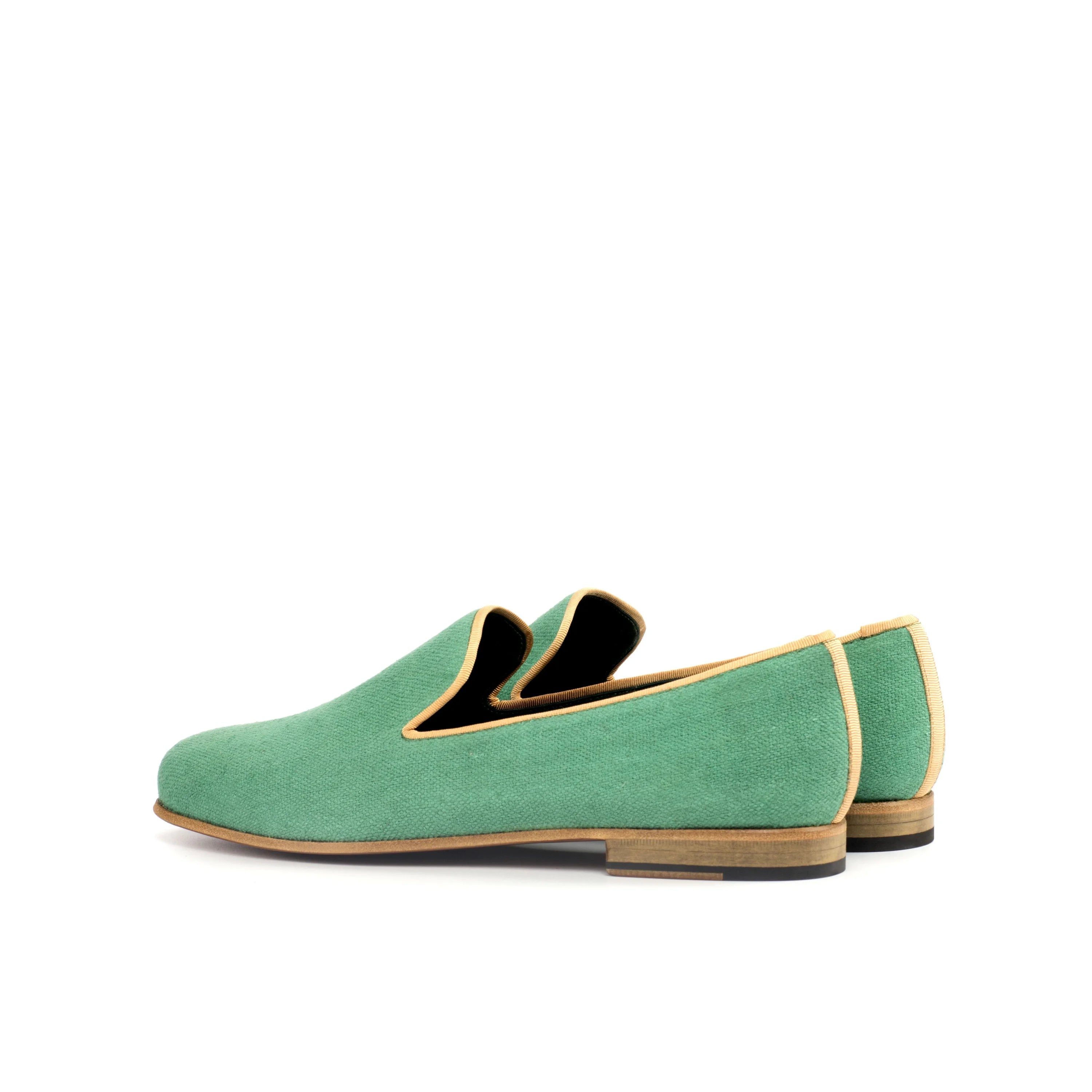 Green suede Botanical Wellington Slip on II loafers with tan piping
