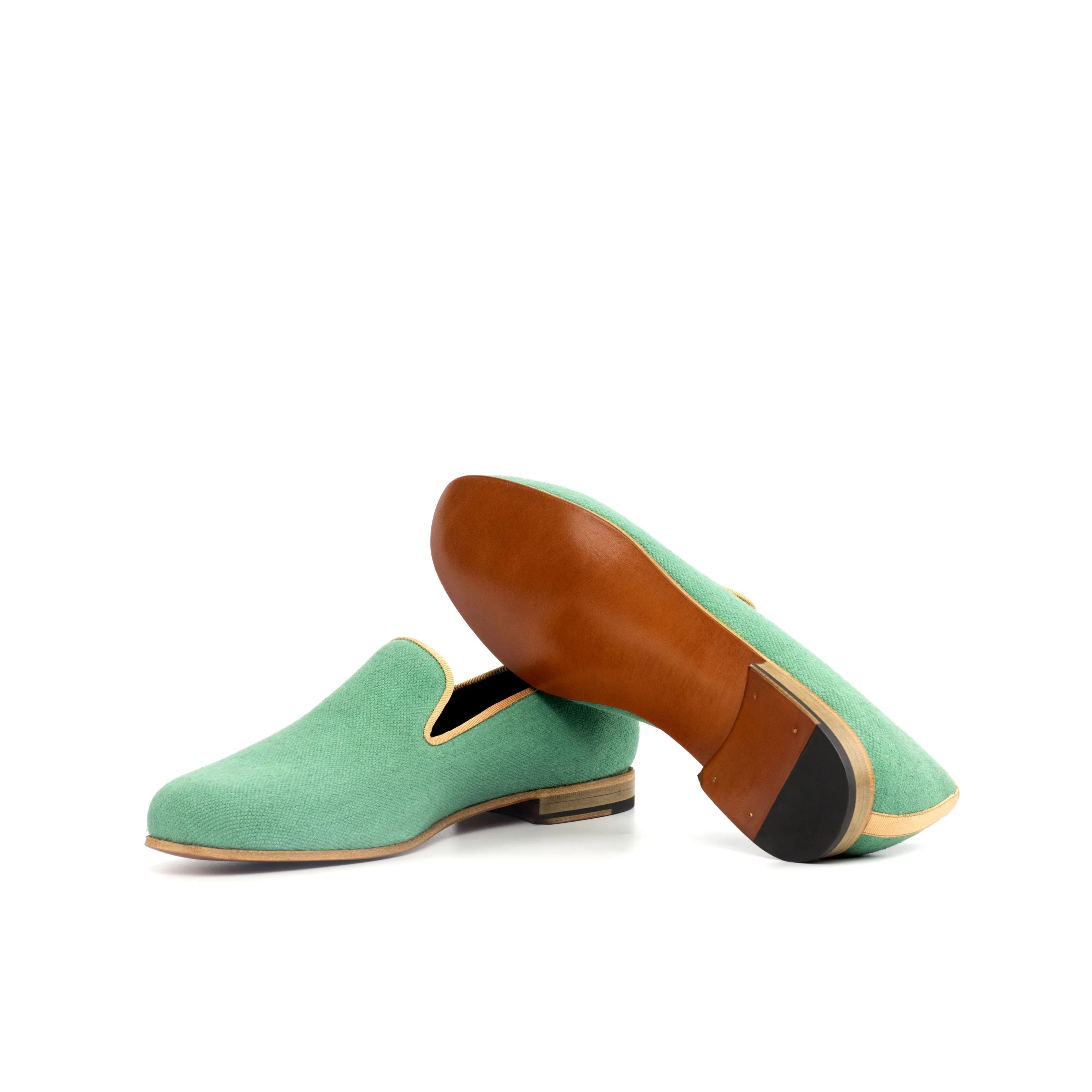 Mint green suede Botanical Wellington Slip on II with tan leather accents and brown leather sole casual shoe