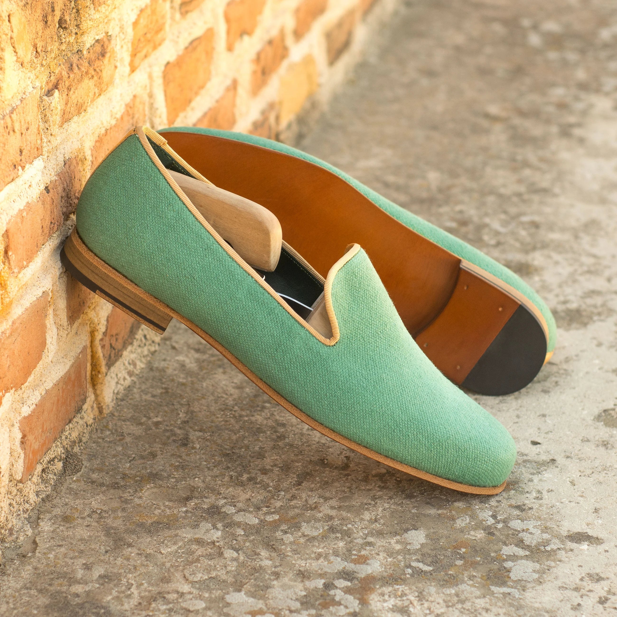 Mint green Botanical Wellington Slipon loafers with calf leather trim
