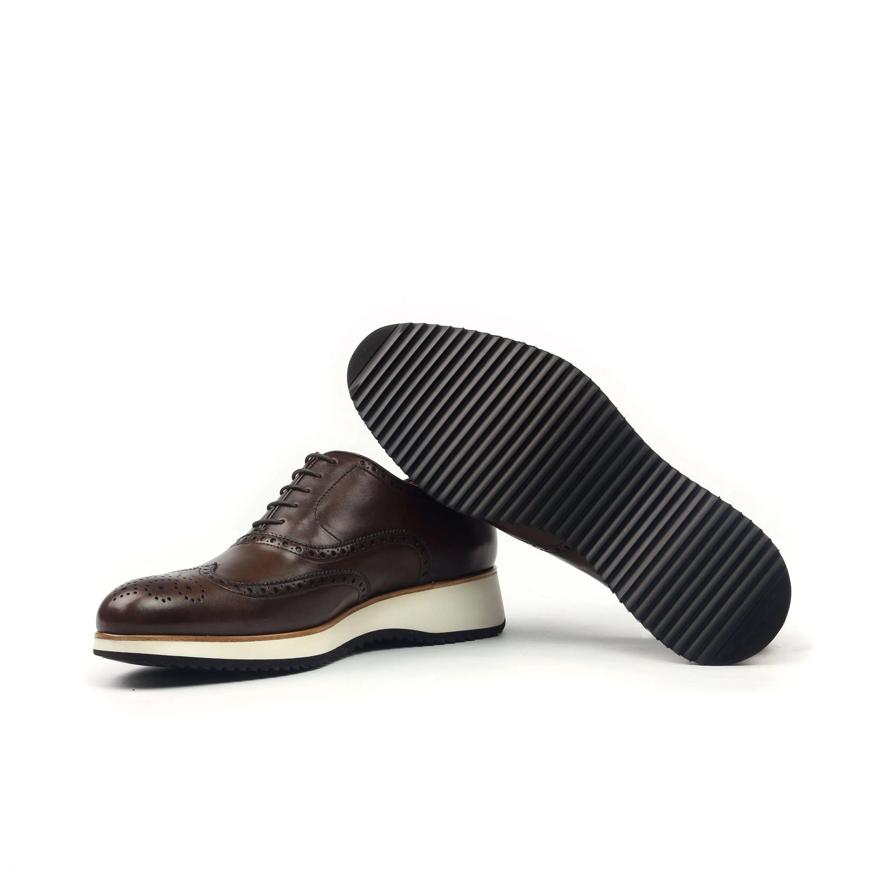 Brown leather wingtip Bourdin Full Brogue Shoes with thick white sole for luxury style