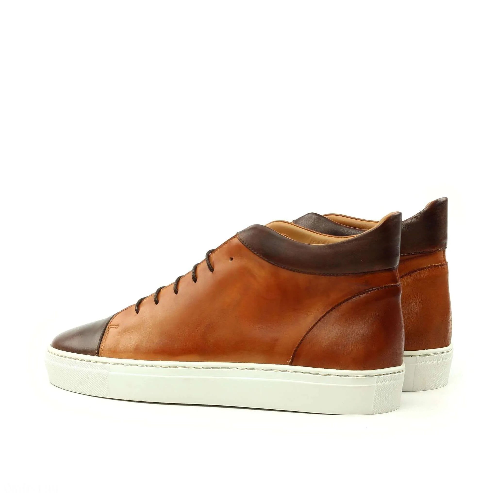 Brown leather Bowie high top sneakers, luxury bespoke shoes for men, featuring painted calf