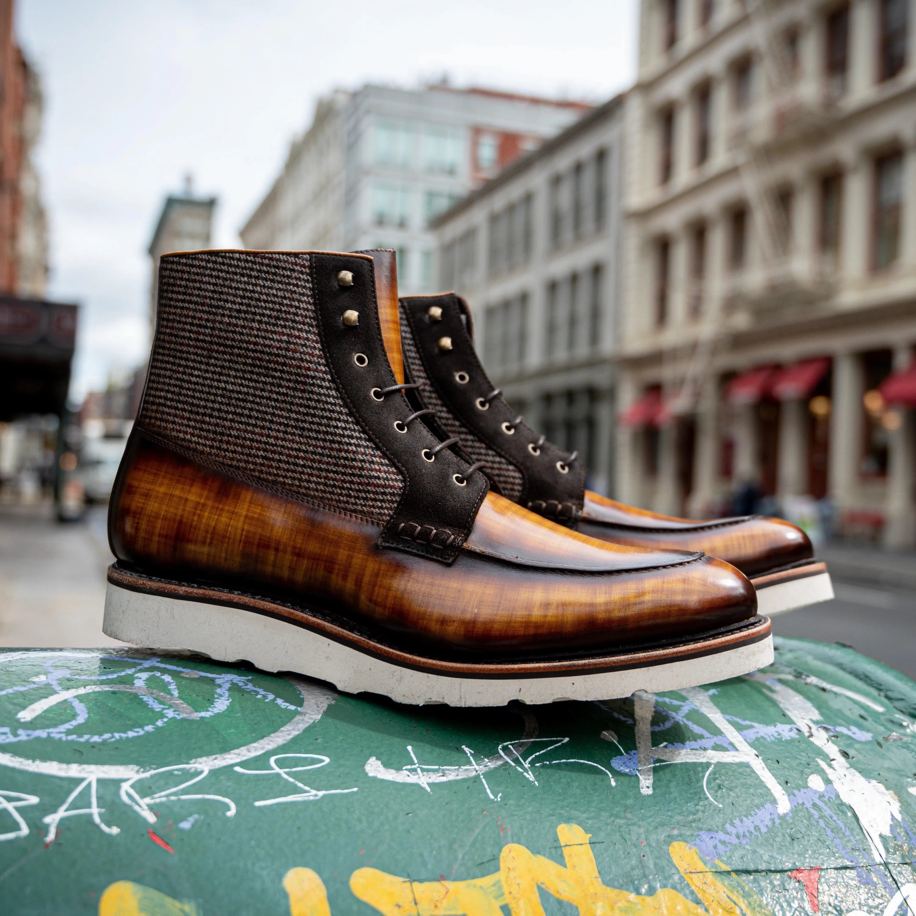 Brown leather and tweed Brooklyn Patina Moc Boot II featuring premium calf leather