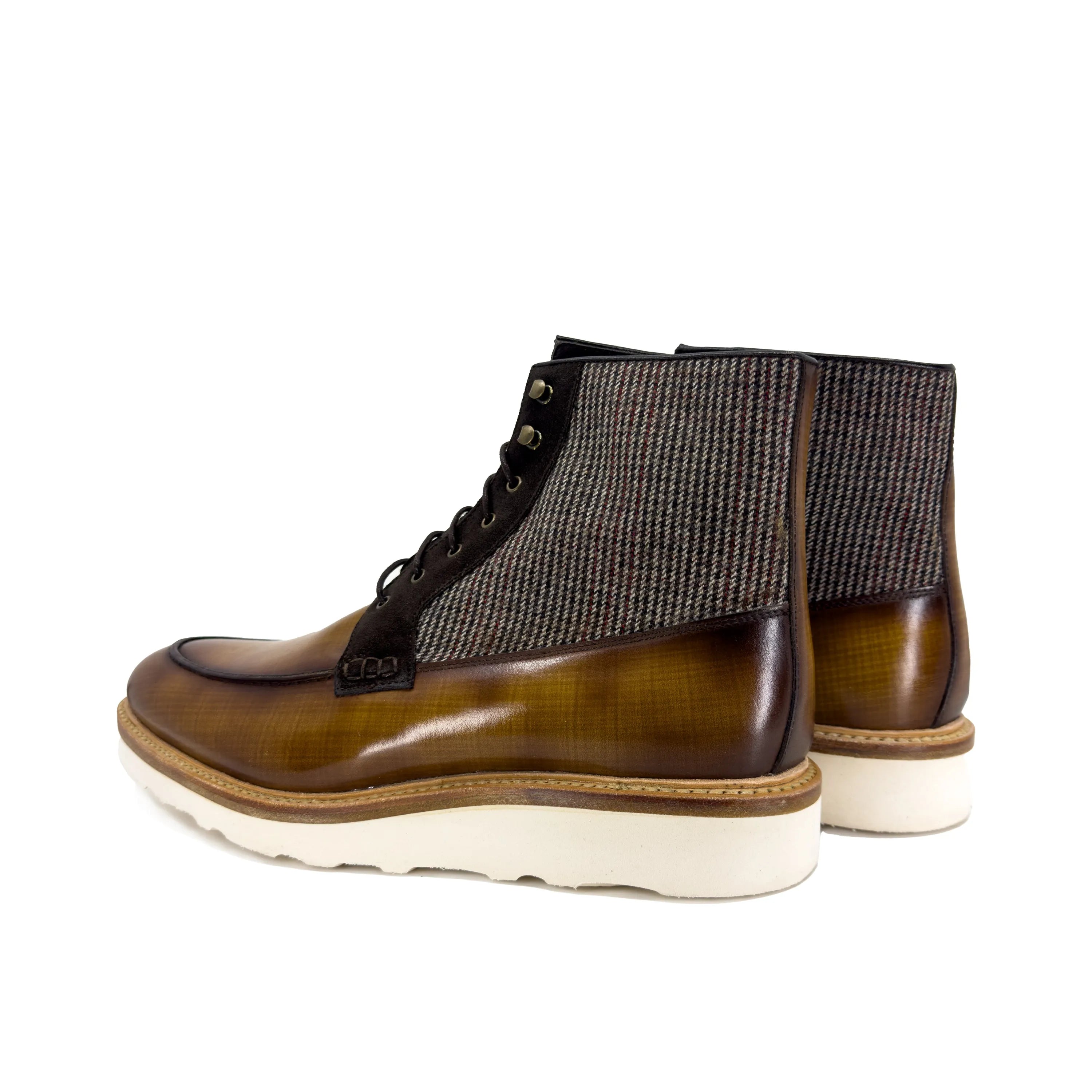 Brown leather and tweed Brooklyn Patina Moc Boot II featuring calf leather details