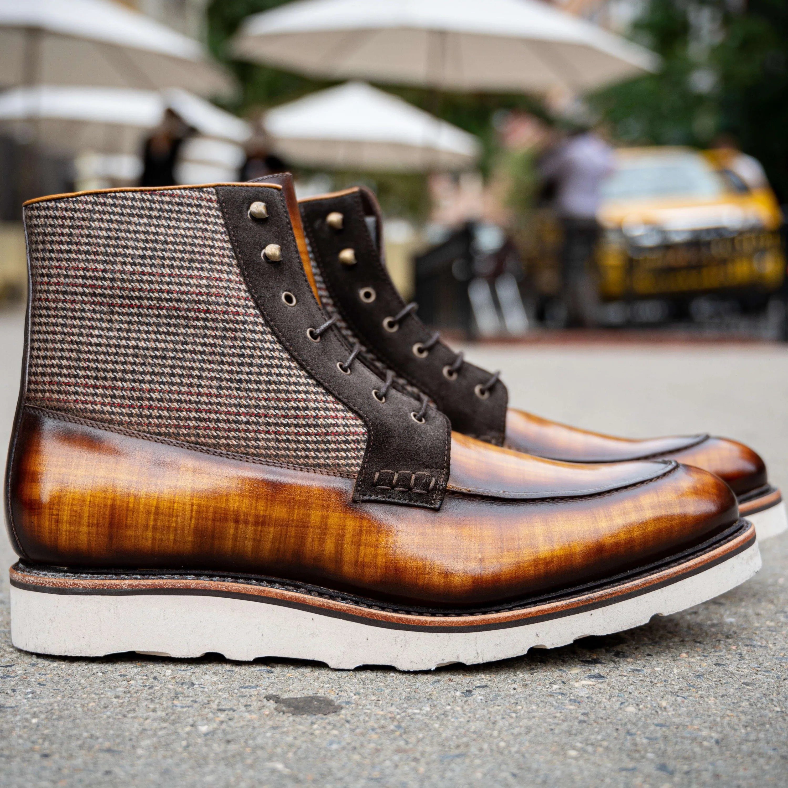 Brown leather and tweed Brooklyn Patina Moc Boot II showcasing calf leather craftsmanship