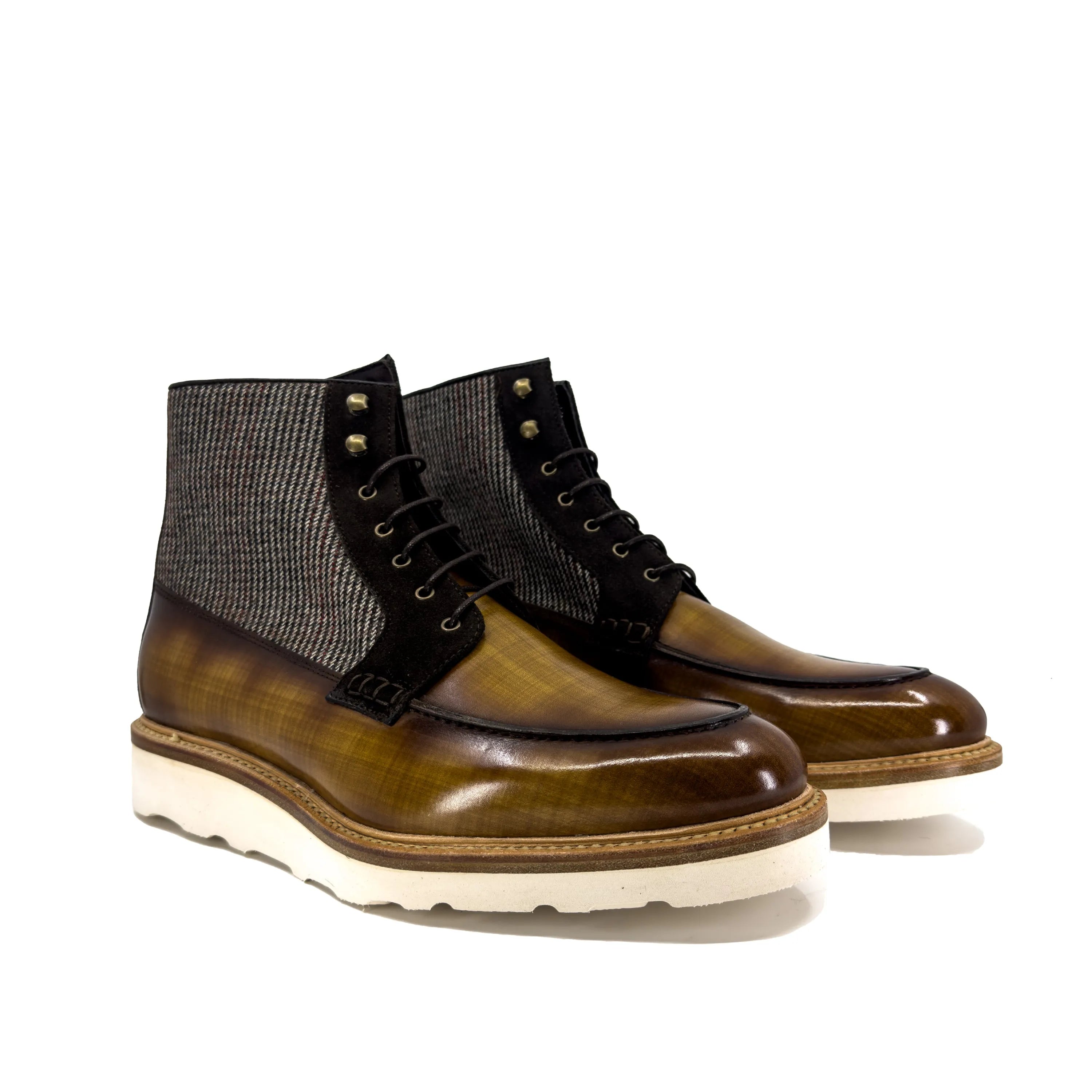Brown leather and tweed Brooklyn Patina Moc Boot II featuring calf leather design