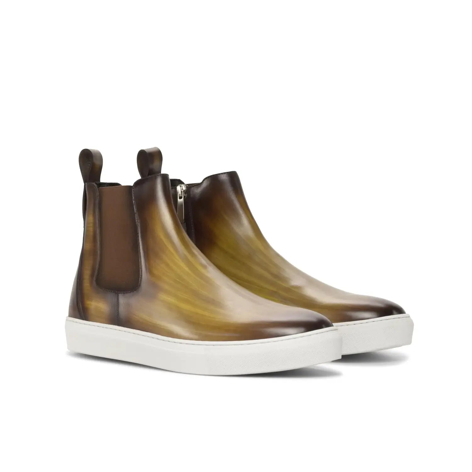 Brown and green ombre chelsea boots with white sole, luxury footwear design.