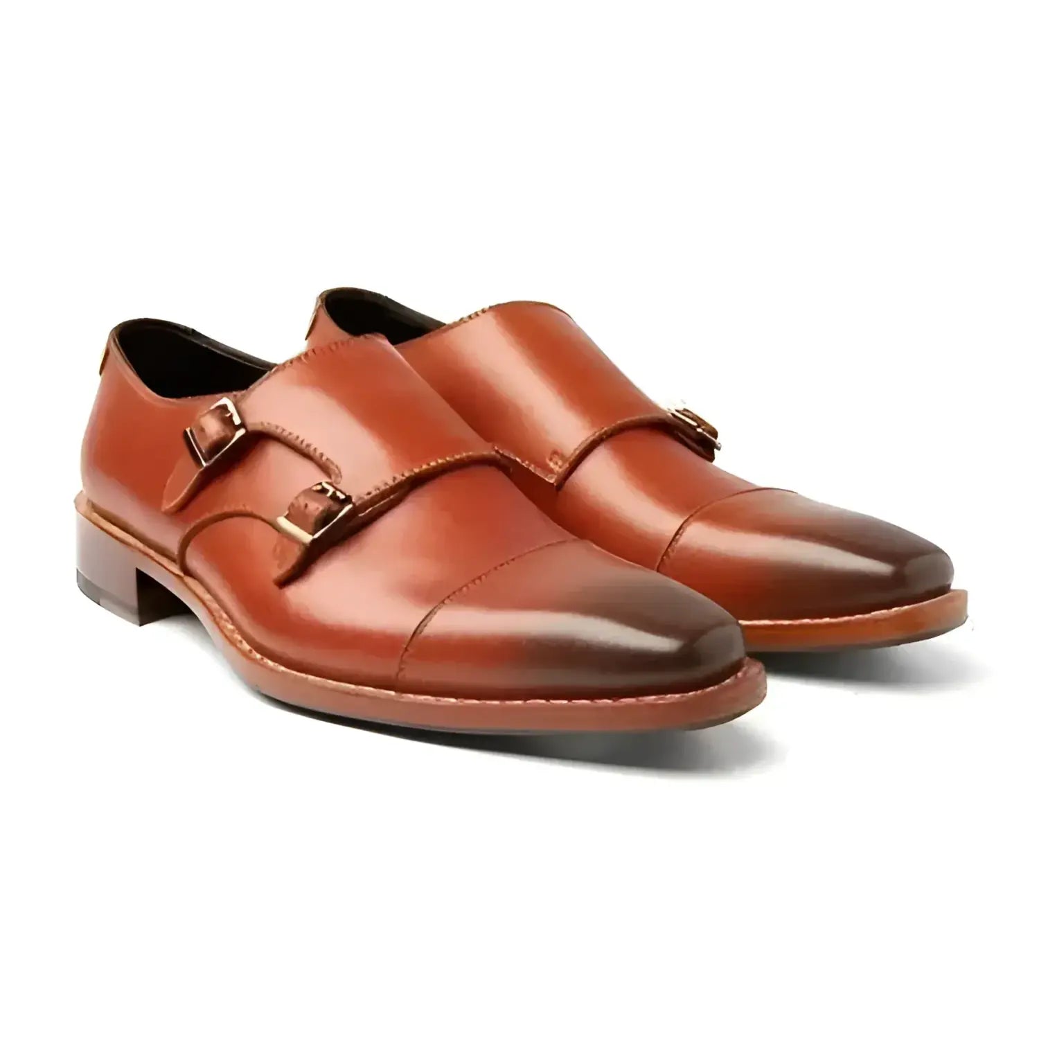 Brown leather Doyle Double Monk shoes with gold buckles and patina toe cap