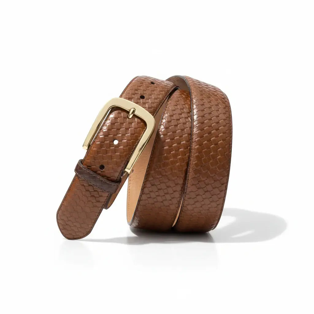 Elegant brown woven leather belt with gold buckle for sovereign chelsea boot style.