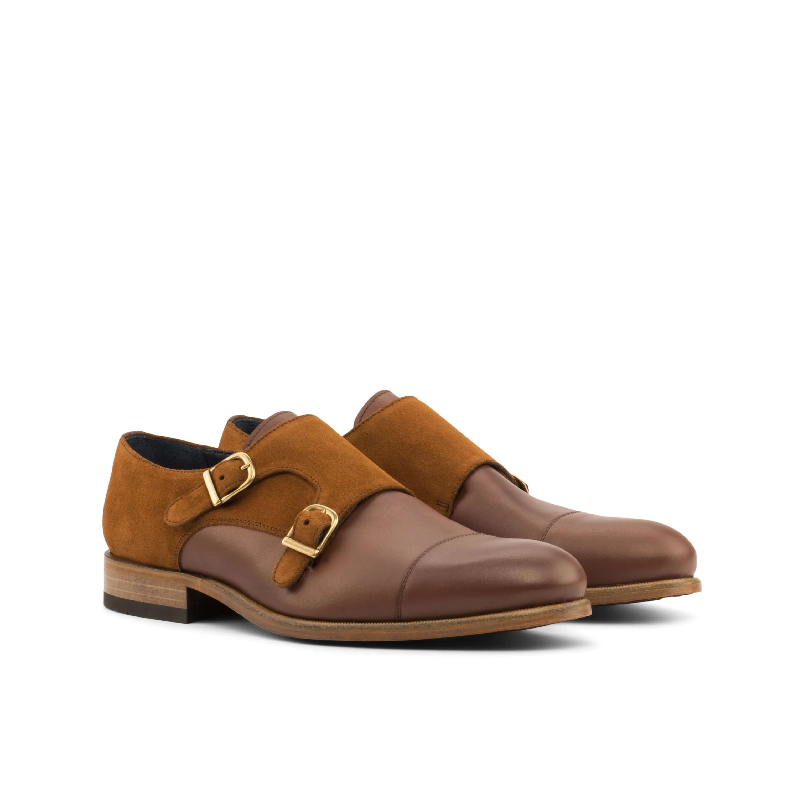 Brown leather Brusca Double Monk shoes featuring a stylish double monk strap design
