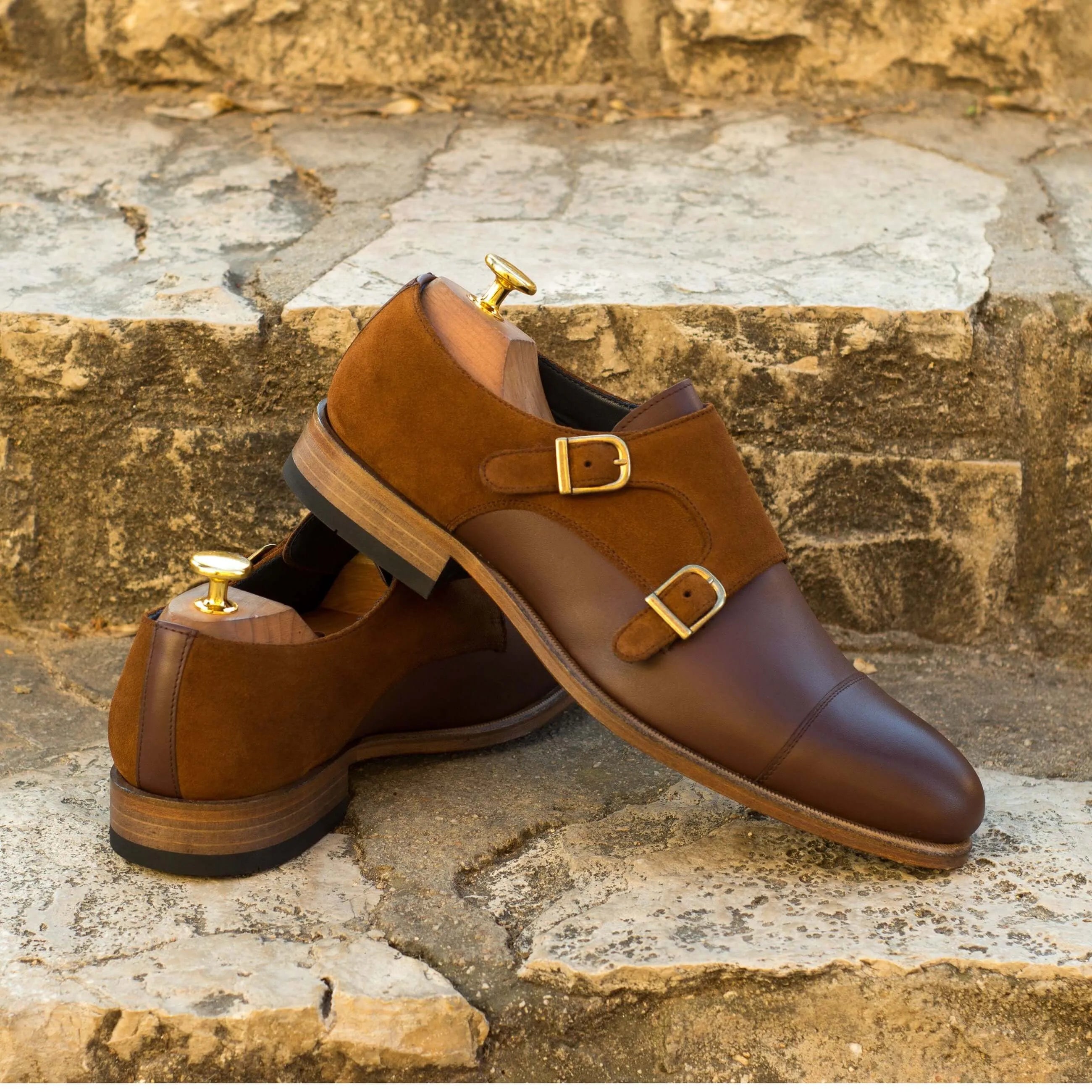 Brown leather and suede Brusca Double Monk shoes showcasing elegant design and craftsmanship