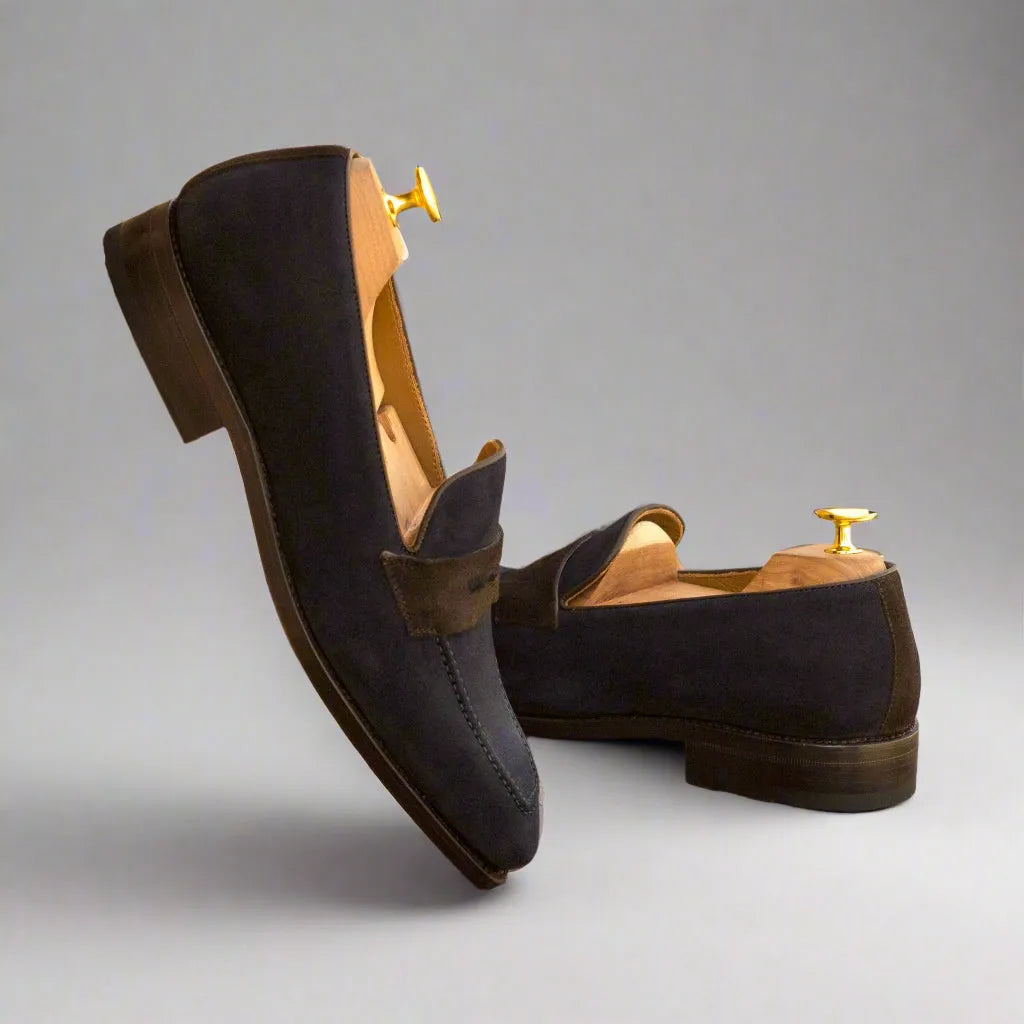 Dark brown Lux Suede Cagle Loafers II featuring a classic penny loafer design