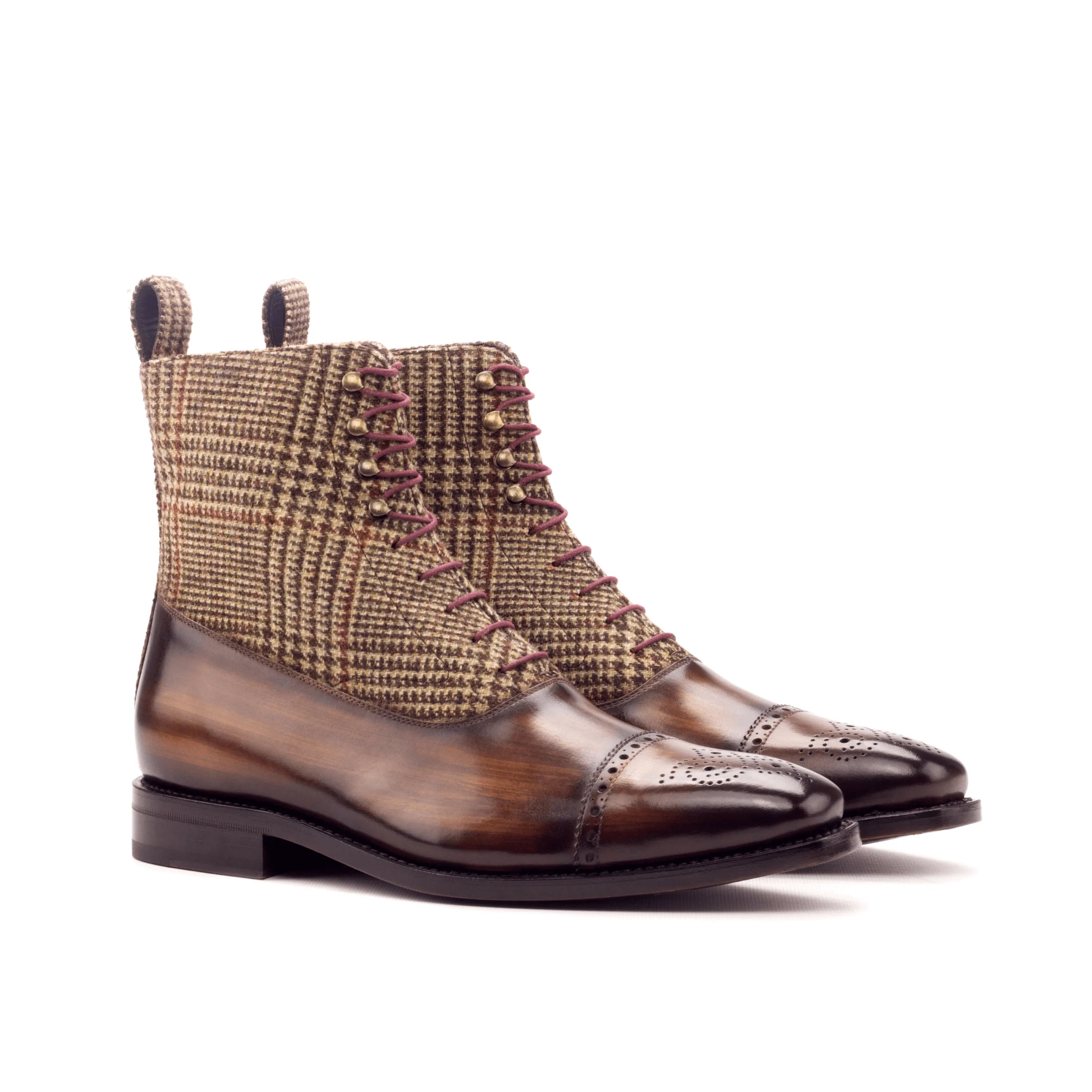 Brown leather and tweed lace-up Caine Balmoral Patina Boots elegantly displayed