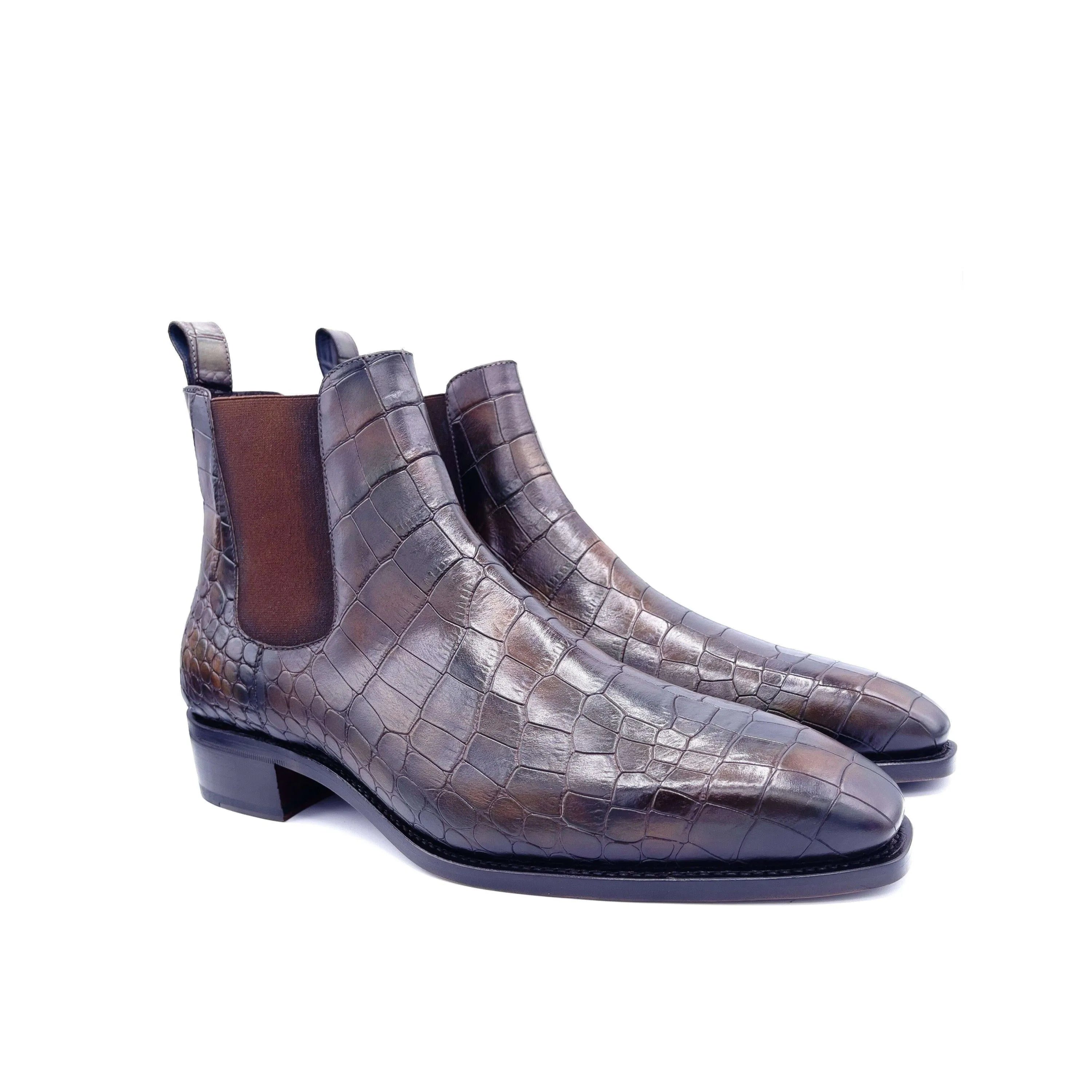 Brown crocodile-patterned Cairo Patina Chelsea Boots II featuring a stylish chisel toe