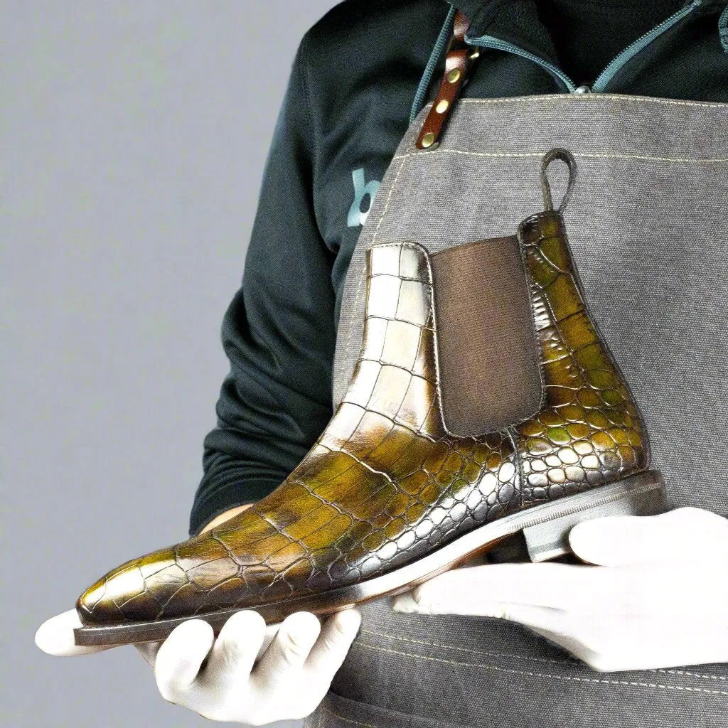 Olive-green crocodile-patterned Cairo Patina Chelsea Boots for stylish footwear choices