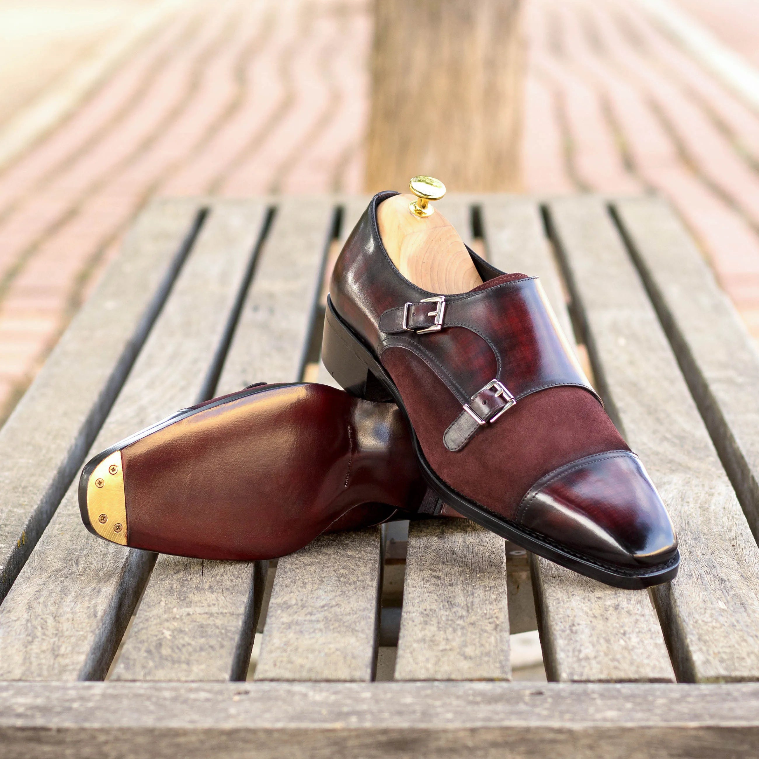 Burgundy leather Calvary Double Monk Patina shoes showcasing double monk strap design