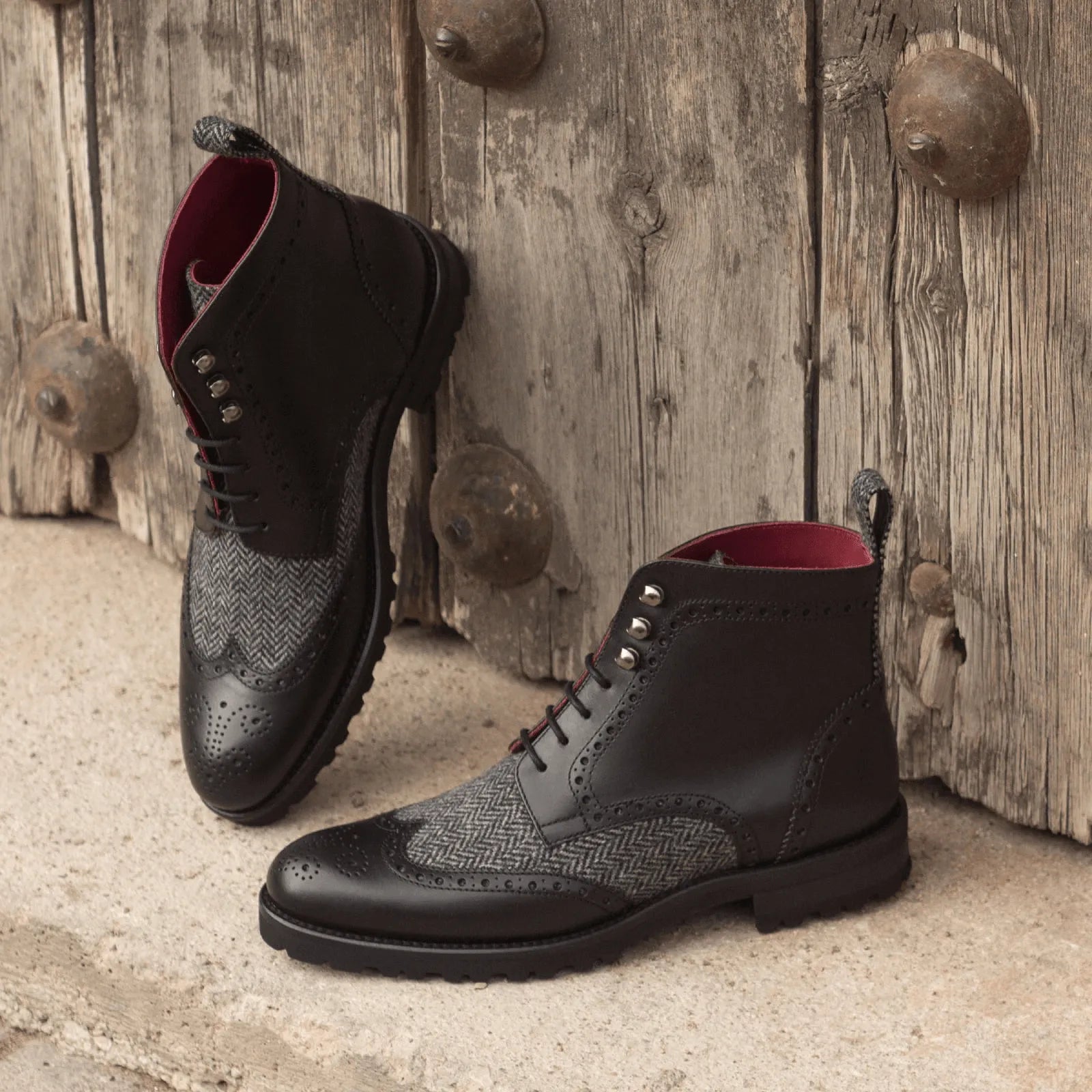 Leather and tweed ankle boots from Camilla Ladies Military Brogue Boots II collection