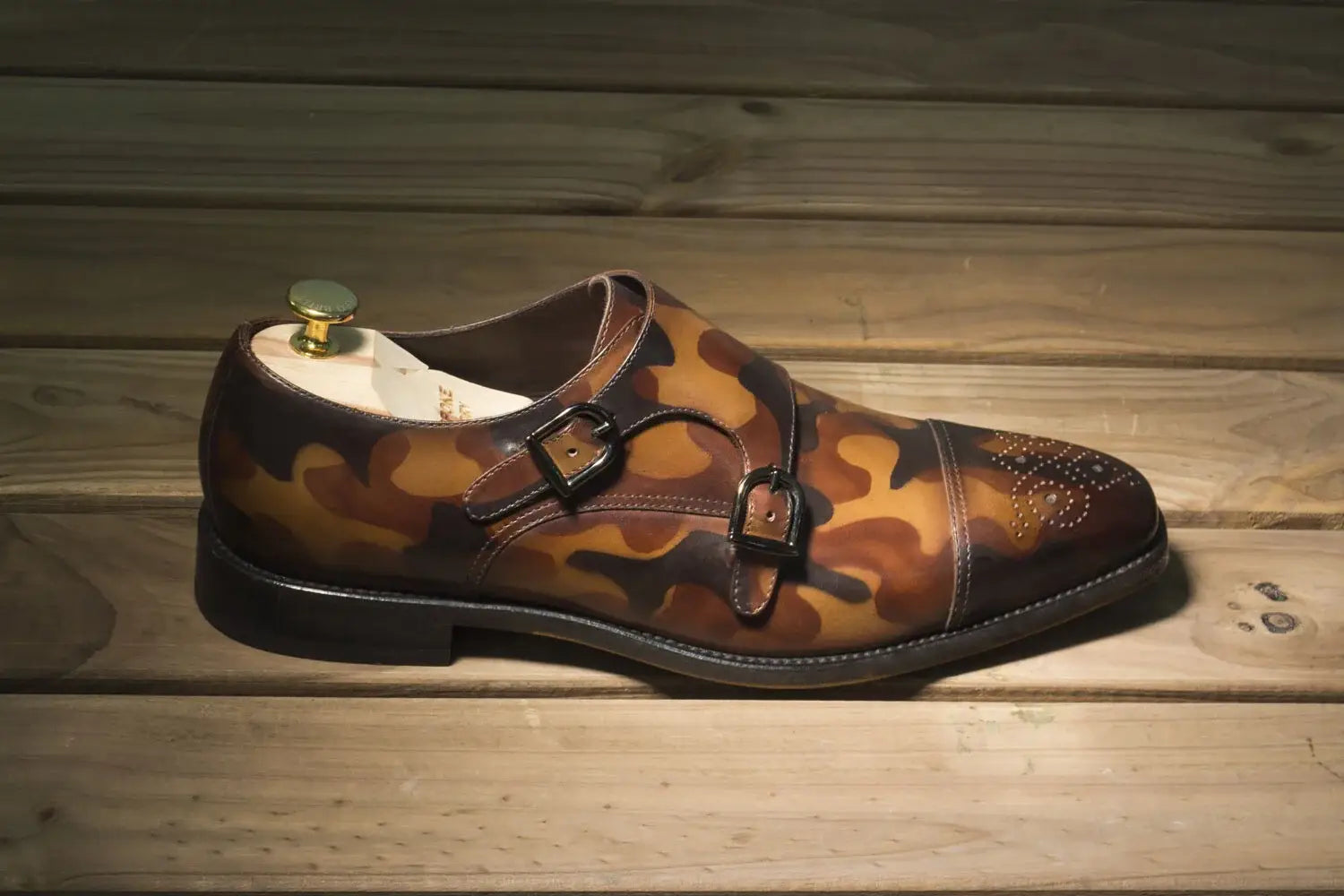 Camouflage double monk strap shoe with unique patina finishings from Patina Workshop.