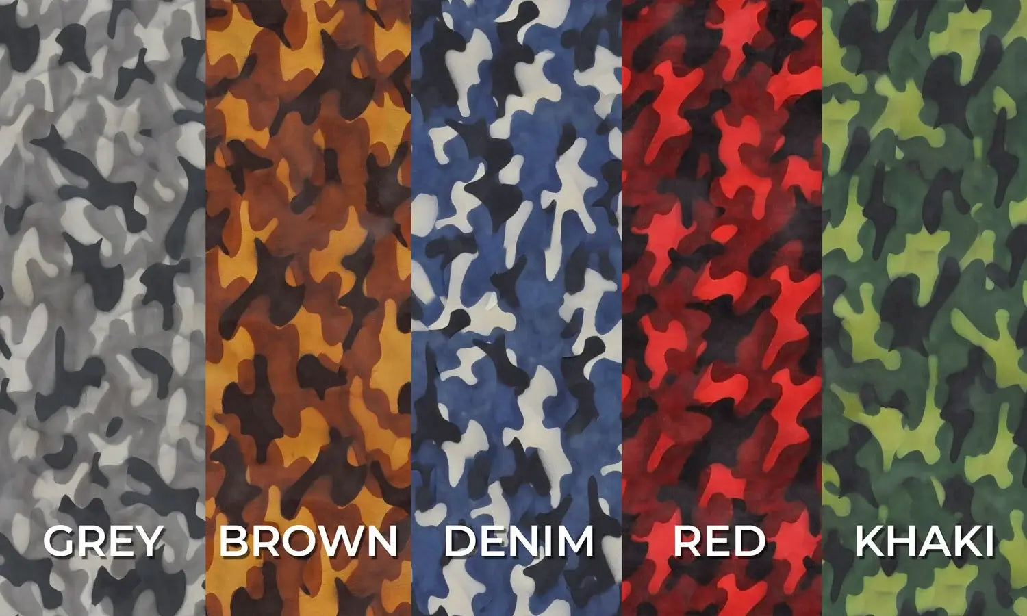 Camouflage fabric swatches showcasing unique patterns for the Camouflage Patina workshop.