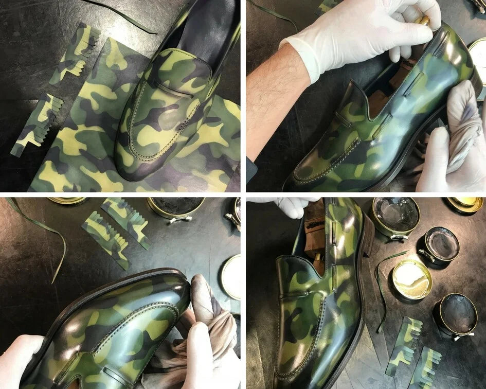 Camouflage patterned loafer being polished in a Patina Workshop for exquisite finishings
