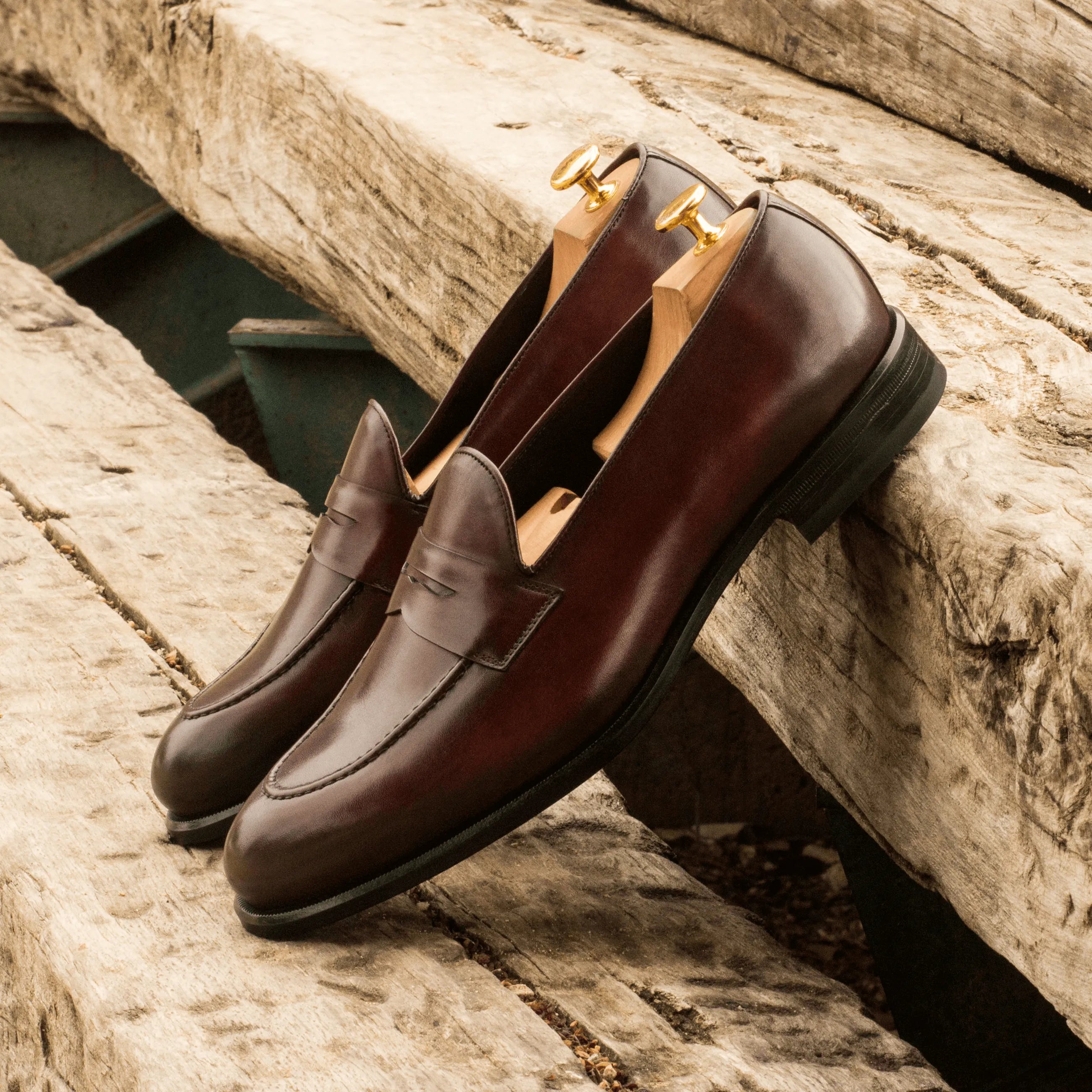 Pair of Cayuga Loafers, luxury bespoke shoes for men, crafted from fine brown leather