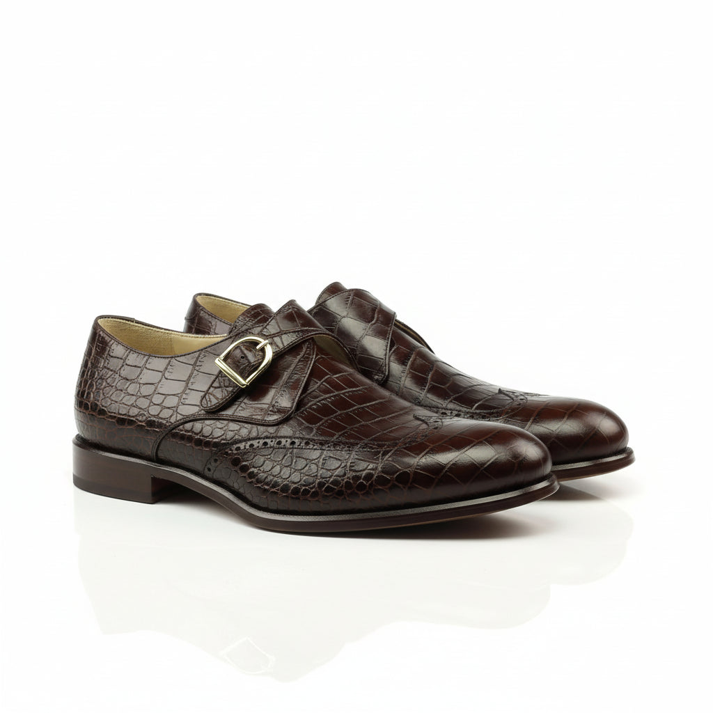 Brown crocodile-patterned Ceaser Single Monk strap shoes for stylish footwear