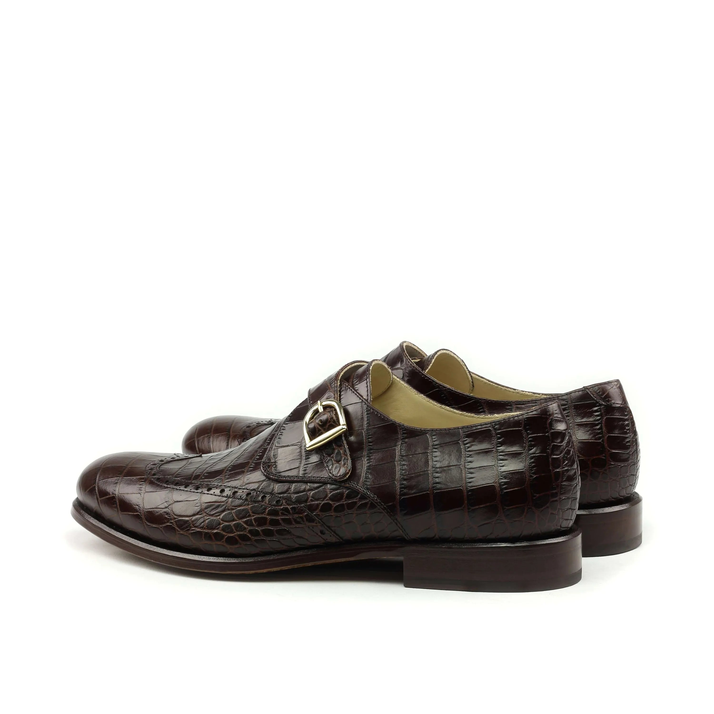 Pair of brown crocodile-patterned Ceaser Single Monk strap shoes for formal occasions