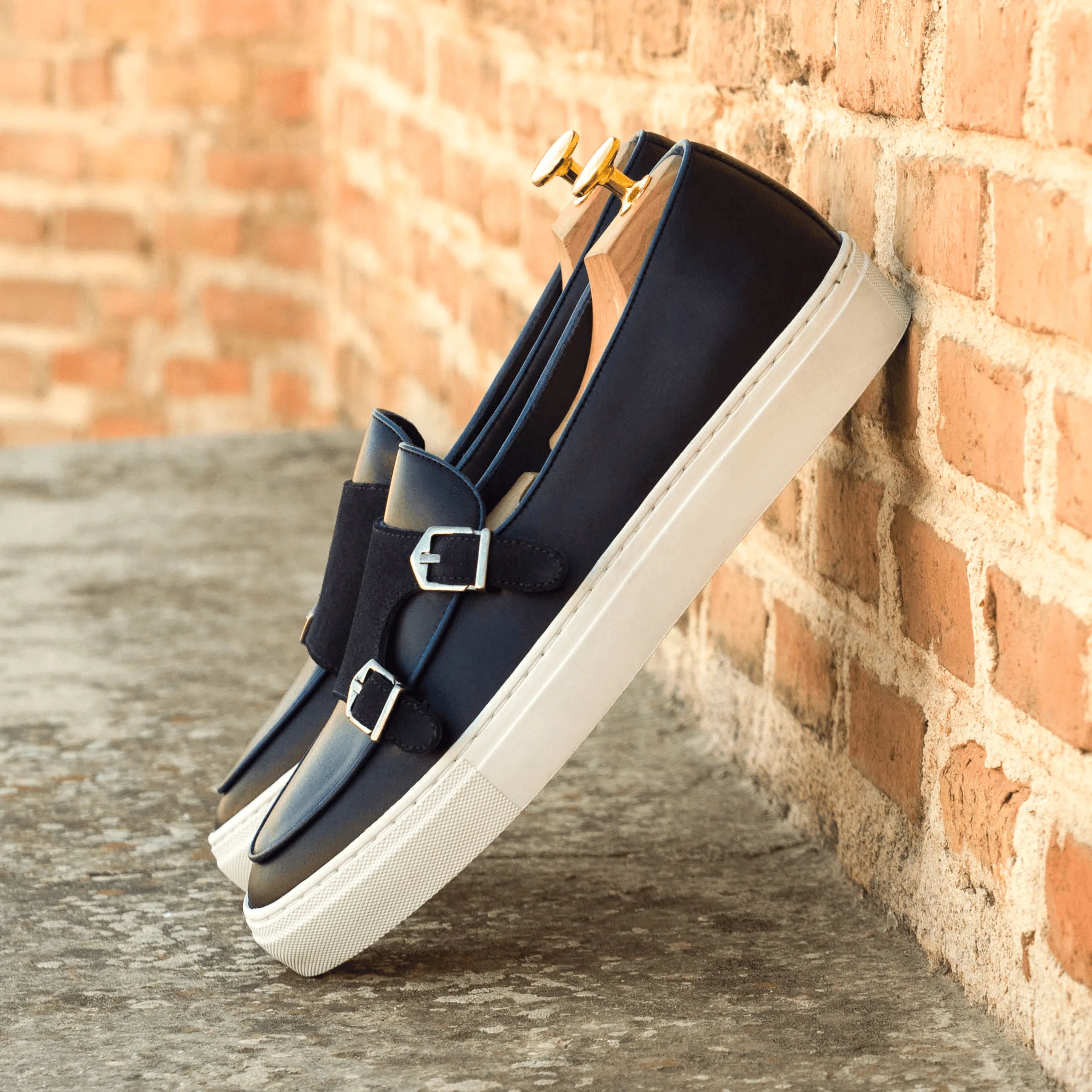 Navy leather Celsus Monk Sneaker II featuring painted calf and elegant double monk design