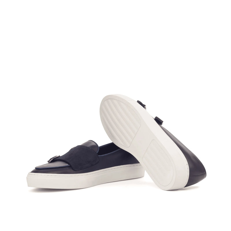 Navy leather Celsus Monk Sneaker II with white soles and painted calf finish