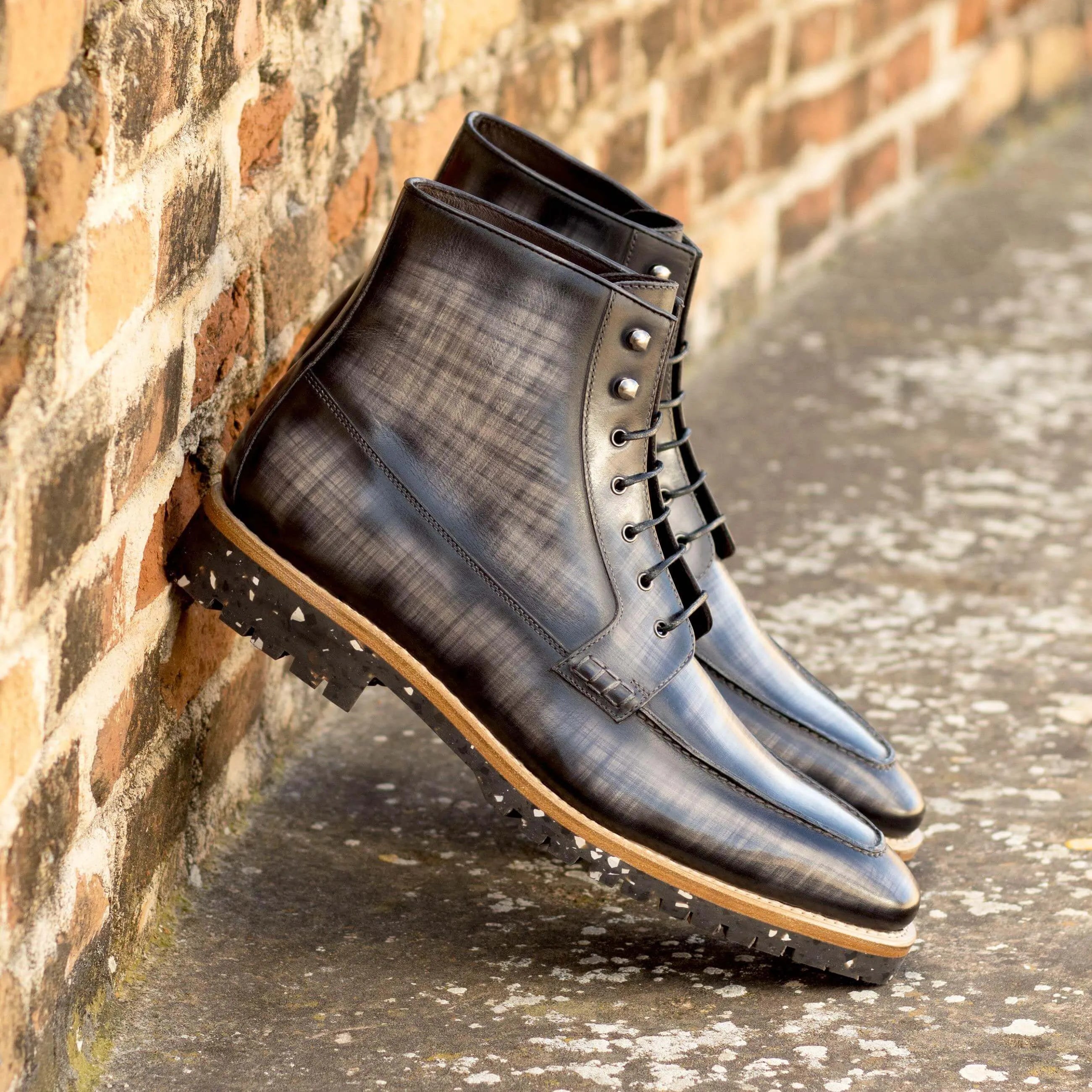 Gray leather lace-up CEO Patina Moc Boots ideal for a stylish fast lane lifestyle