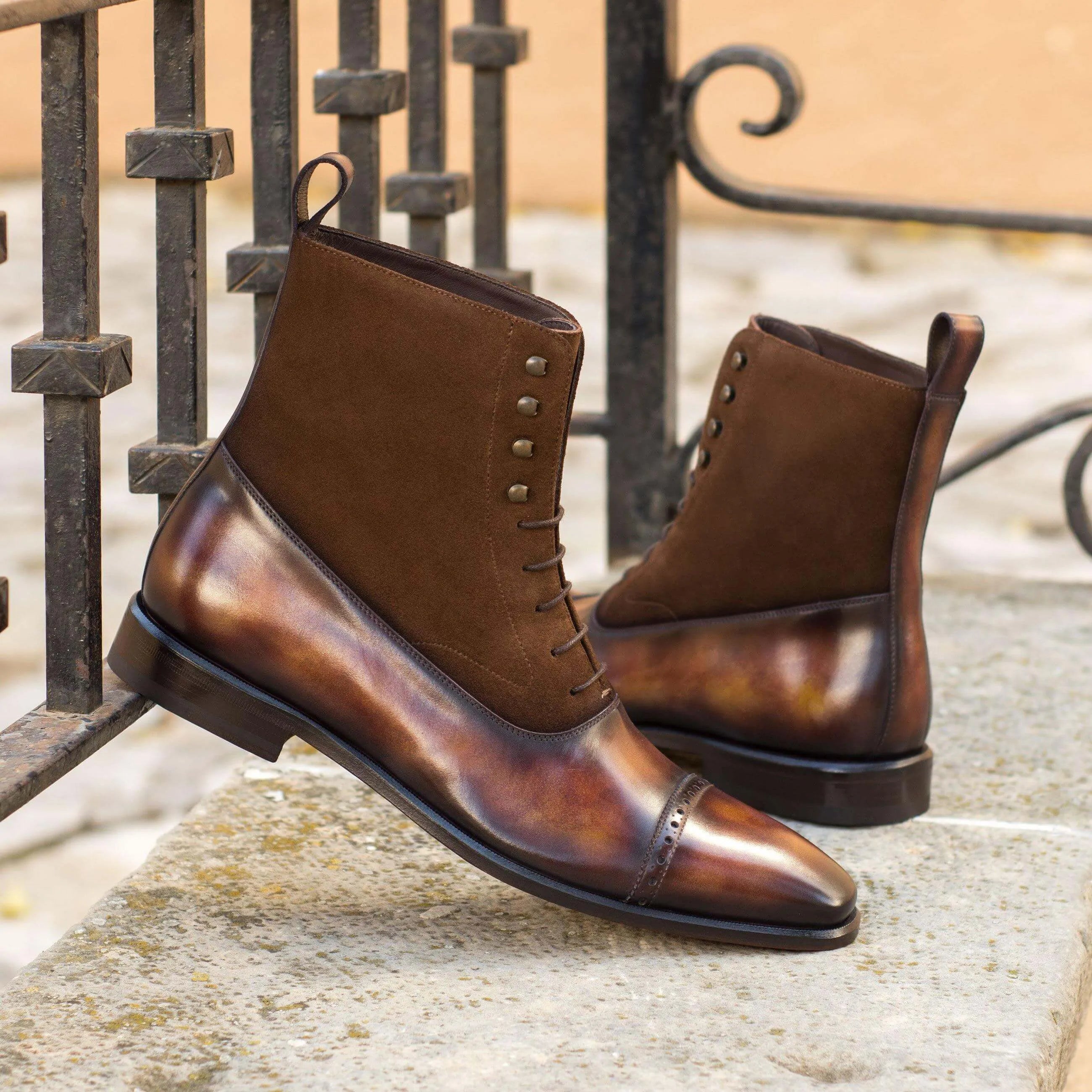 Brown leather and suede Chavez Patina Balmoral Boots II showcasing elegant craftsmanship