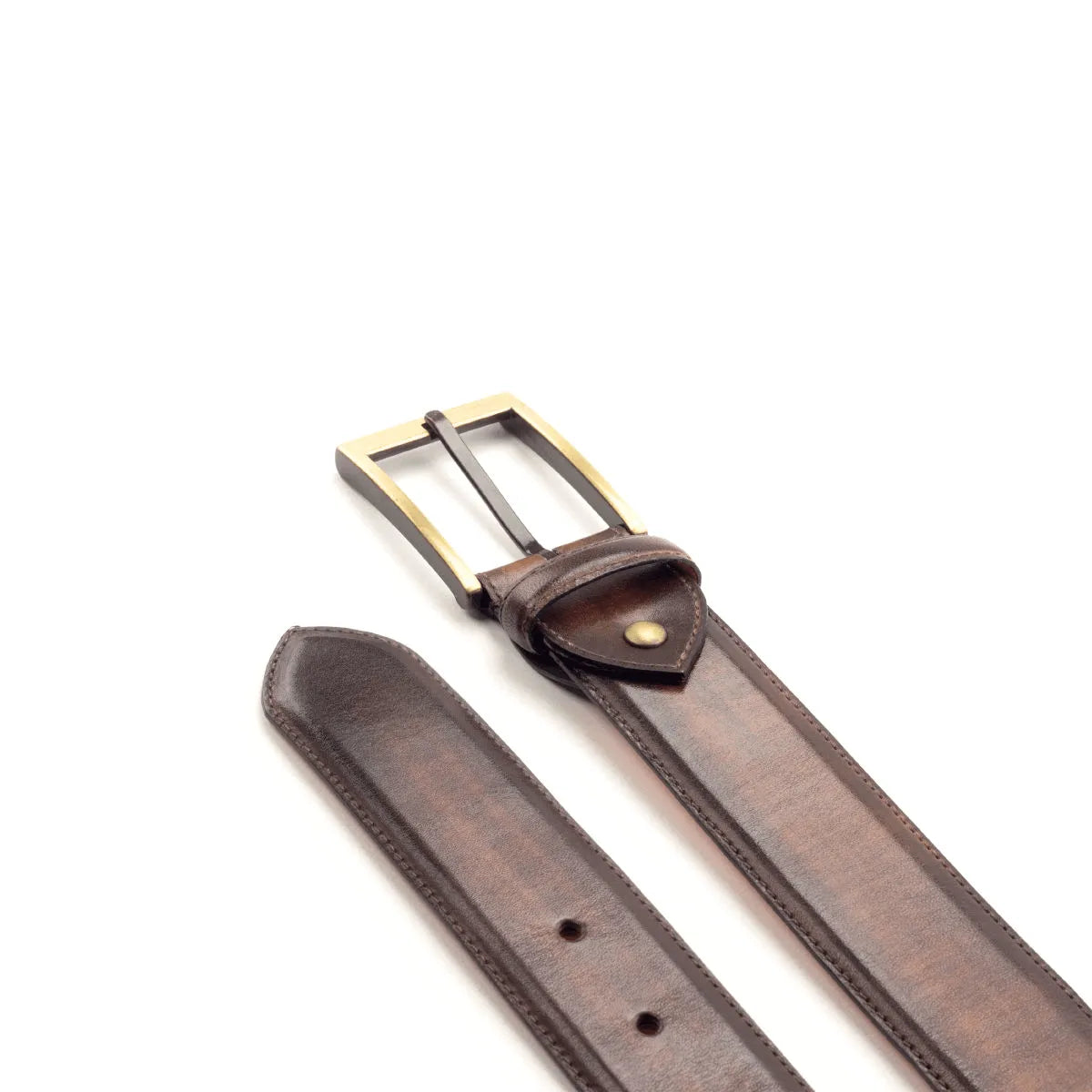Brown leather Cheung Patina Hampton Belt featuring an elegant brass buckle