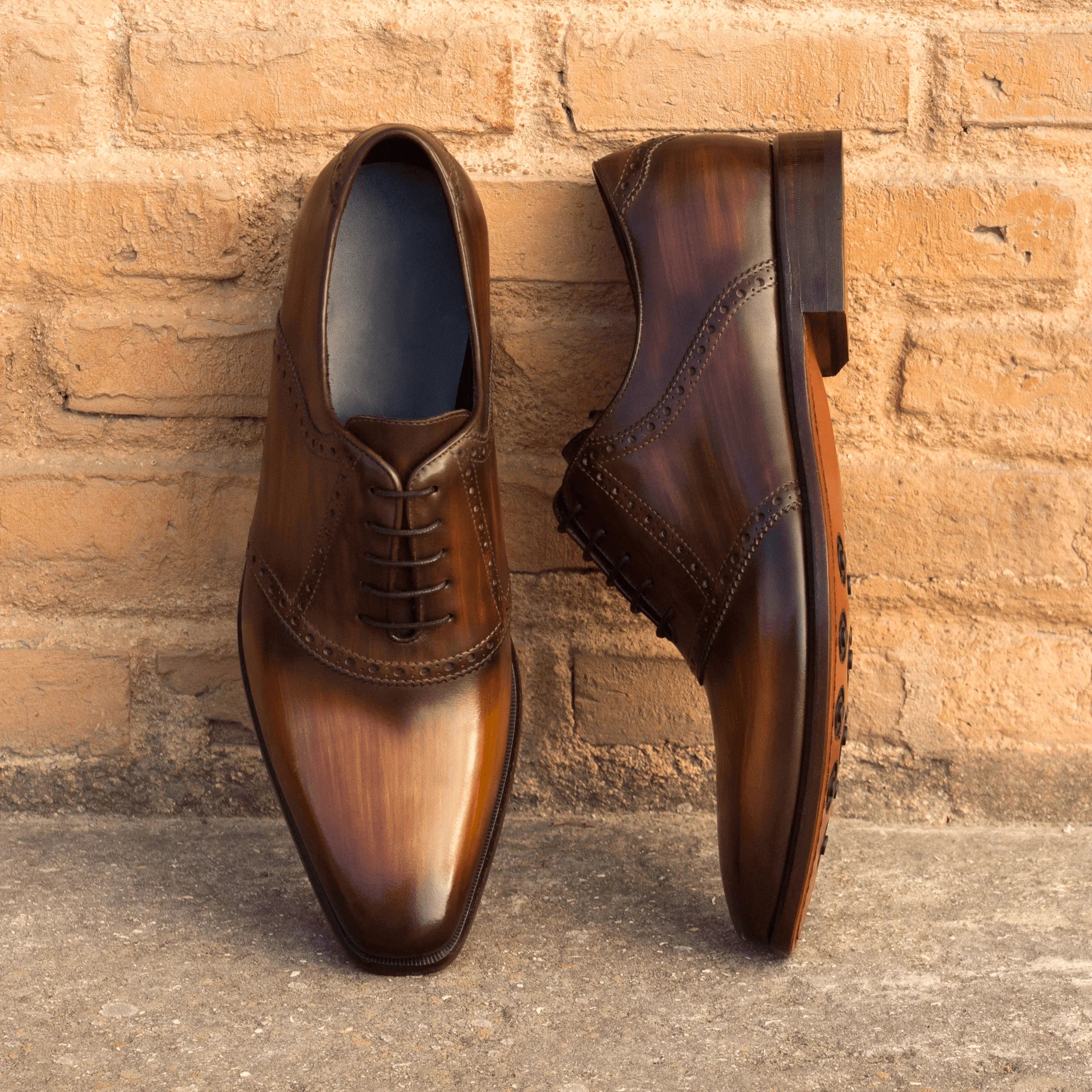 Brown leather dress shoes, Chhota Saddle Patina shoes II, showcasing exquisite crust patina
