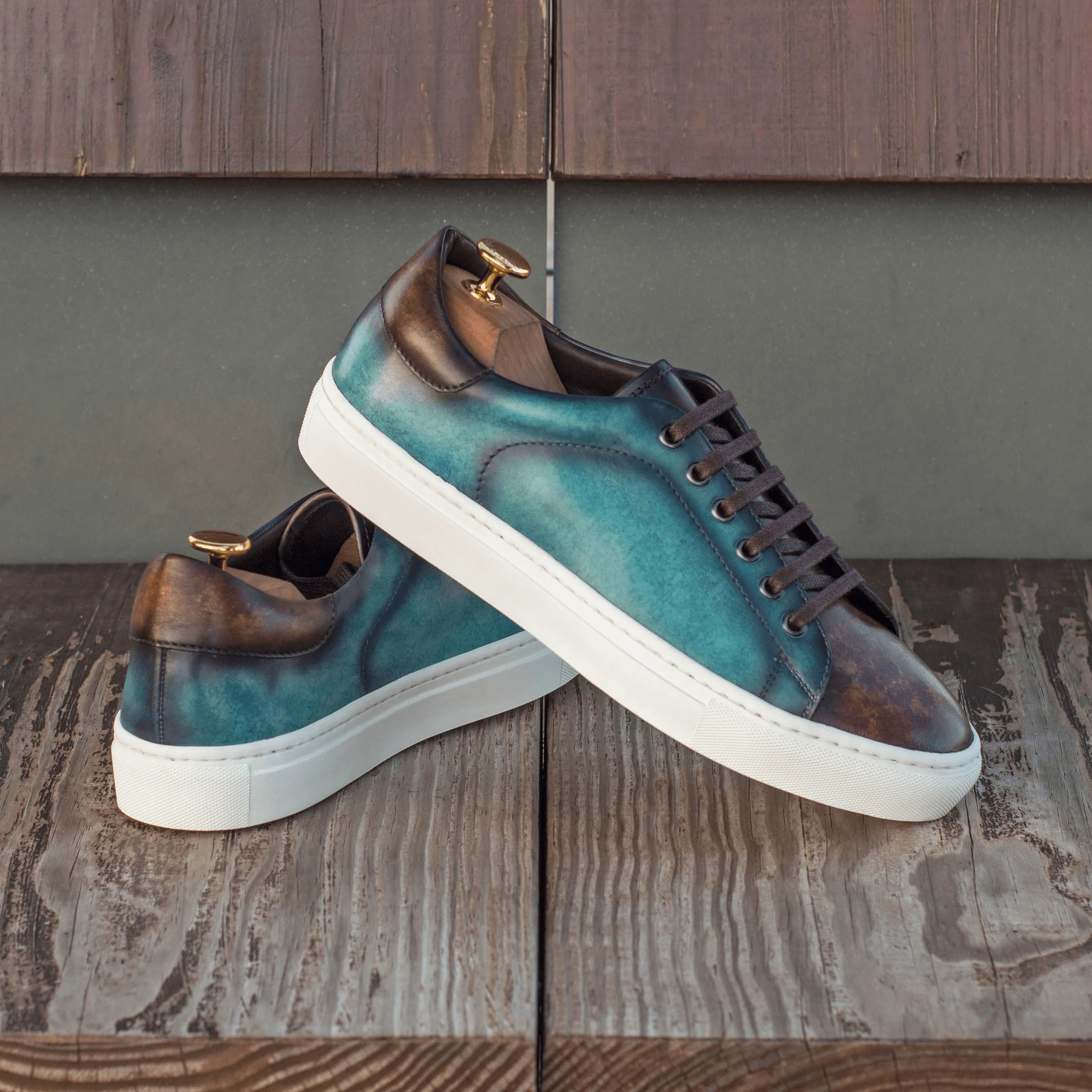 Blue leather Chochmo Patina Trainer sneakers with white soles for a stylish look