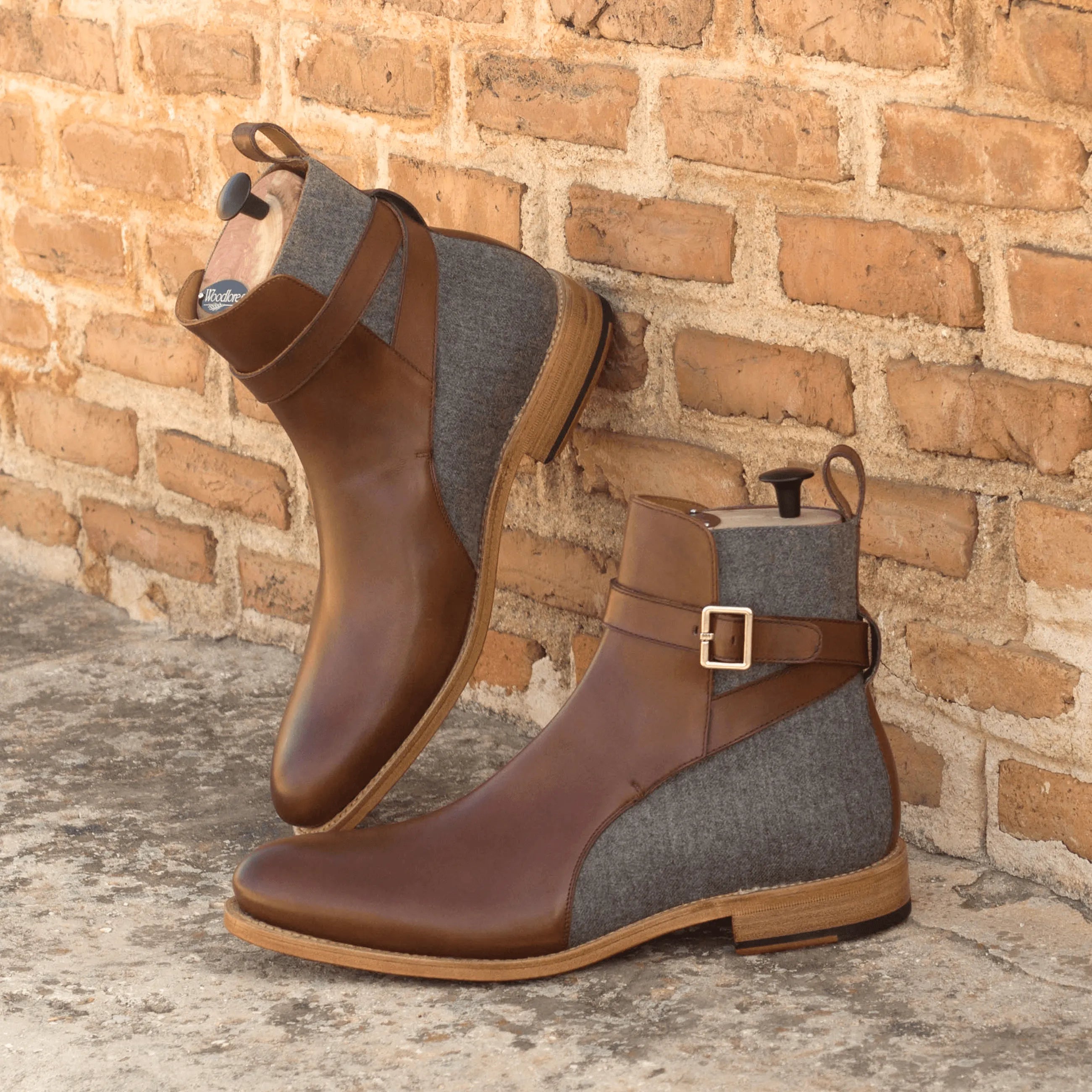 Brown leather and gray wool Chuck Jodhpur boots for stylish ankle footwear