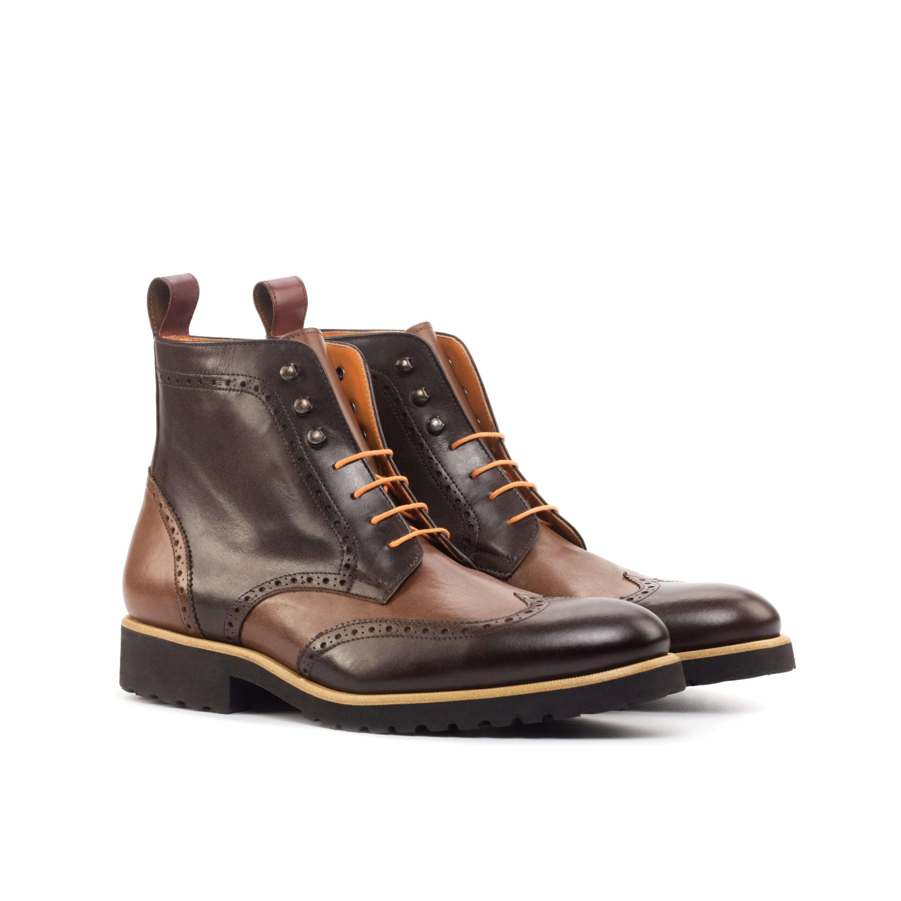 Two-toned brown painted calf leather CL89 Military Brogue Boots displayed elegantly
