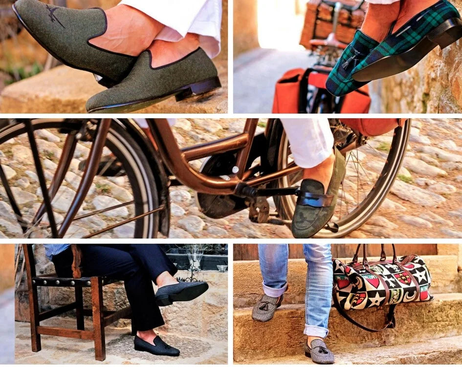 Collage of stylish loafers showcasing men’s dress slippers and elegant Prince Albert designs.