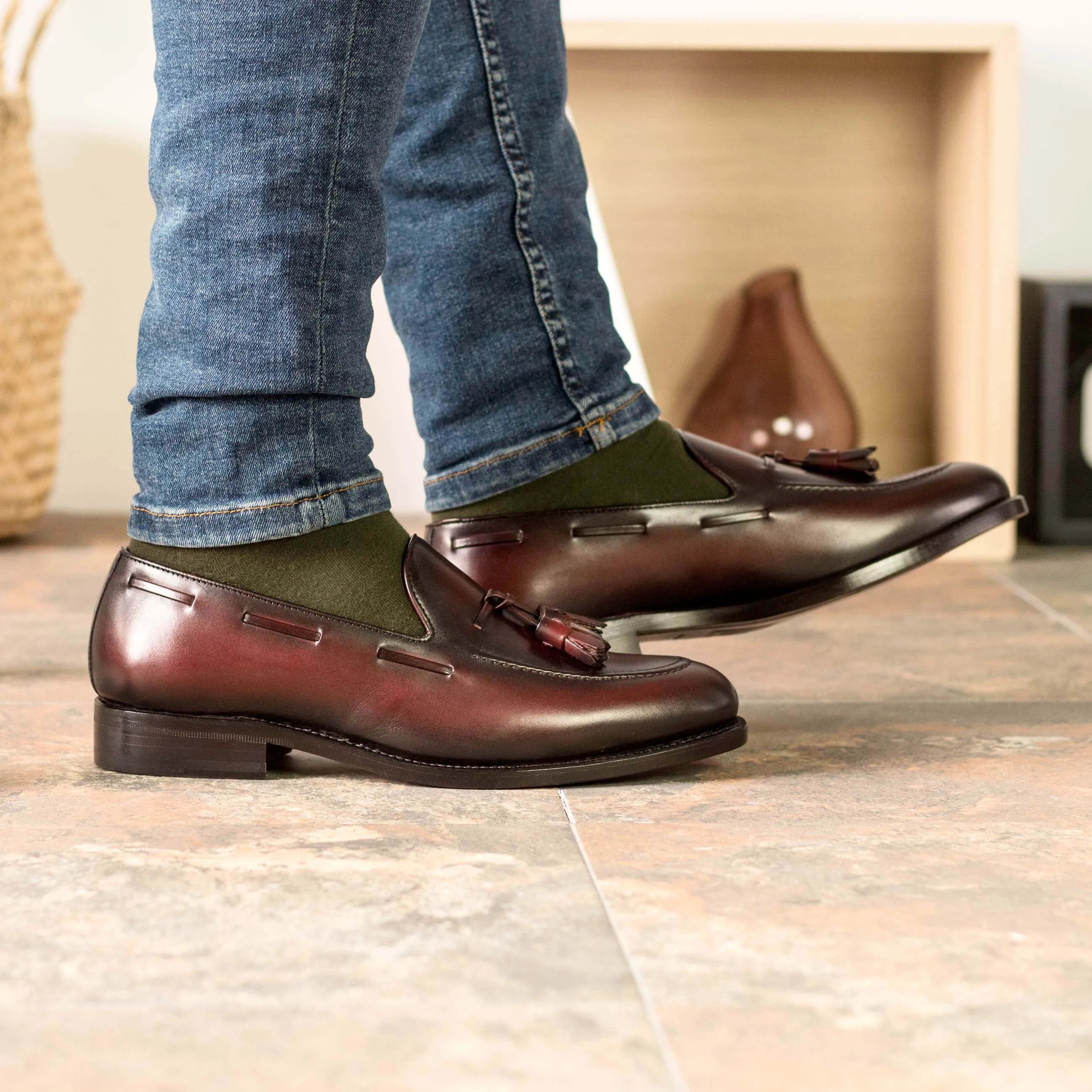 Burgundy leather tassel loafers from Colorado Loafers, perfect for fast lane business days