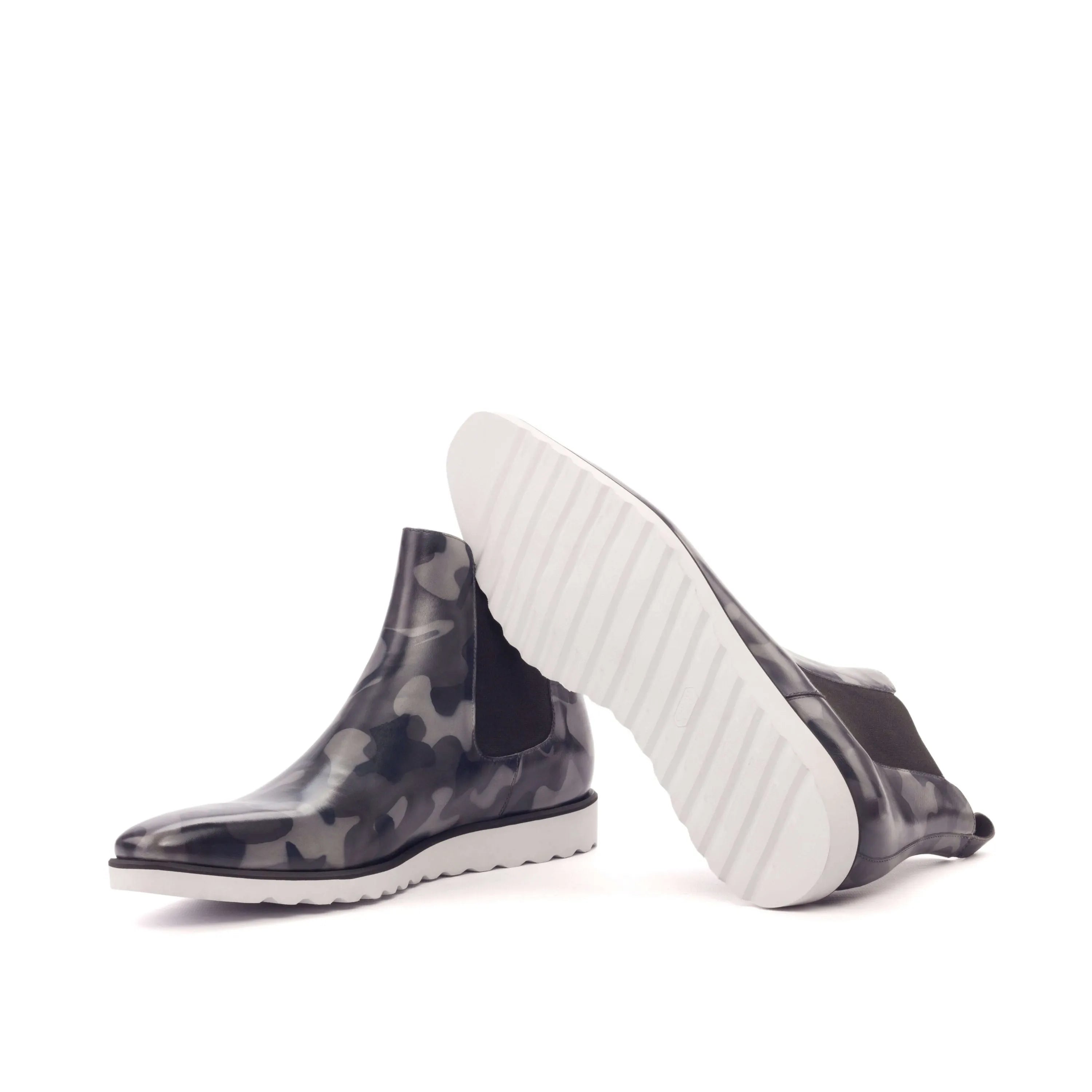 Camouflage Chelsea Boots with white soles from the Commando 2 Chelsea Patina collection