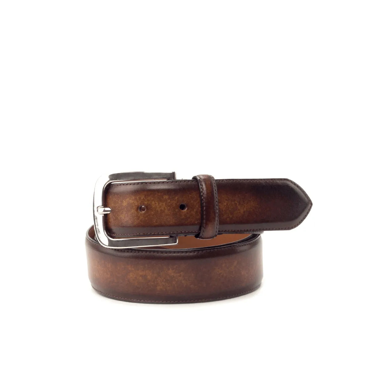 Brown leather Corallo Hampton Patina Belt featuring a stylish silver buckle