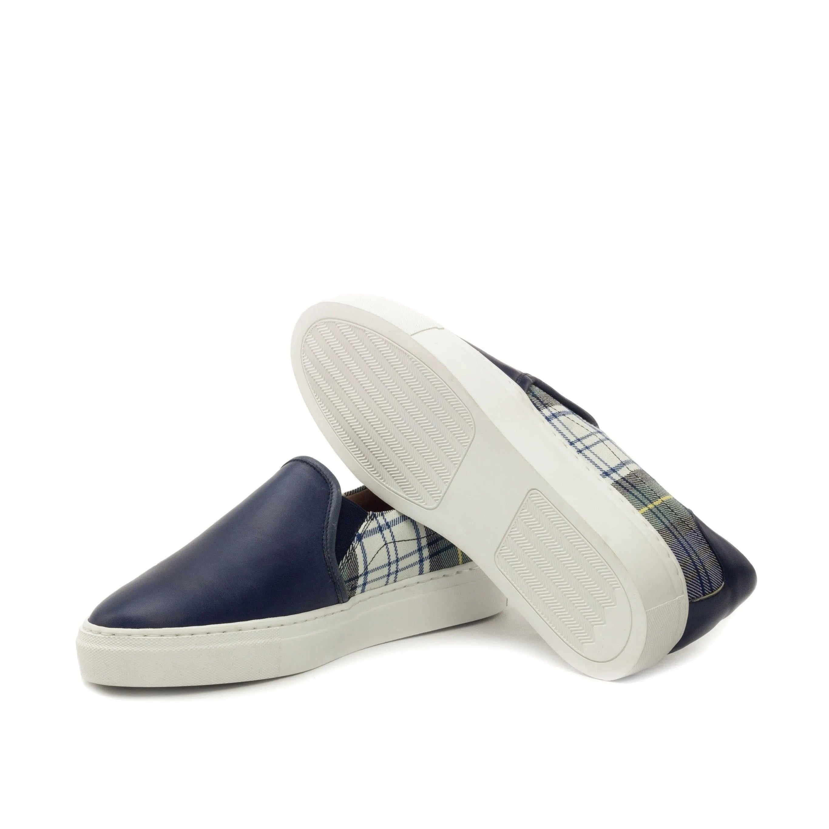Crito Slip On Sneaker II in blue and plaid, luxury bespoke shoes for men