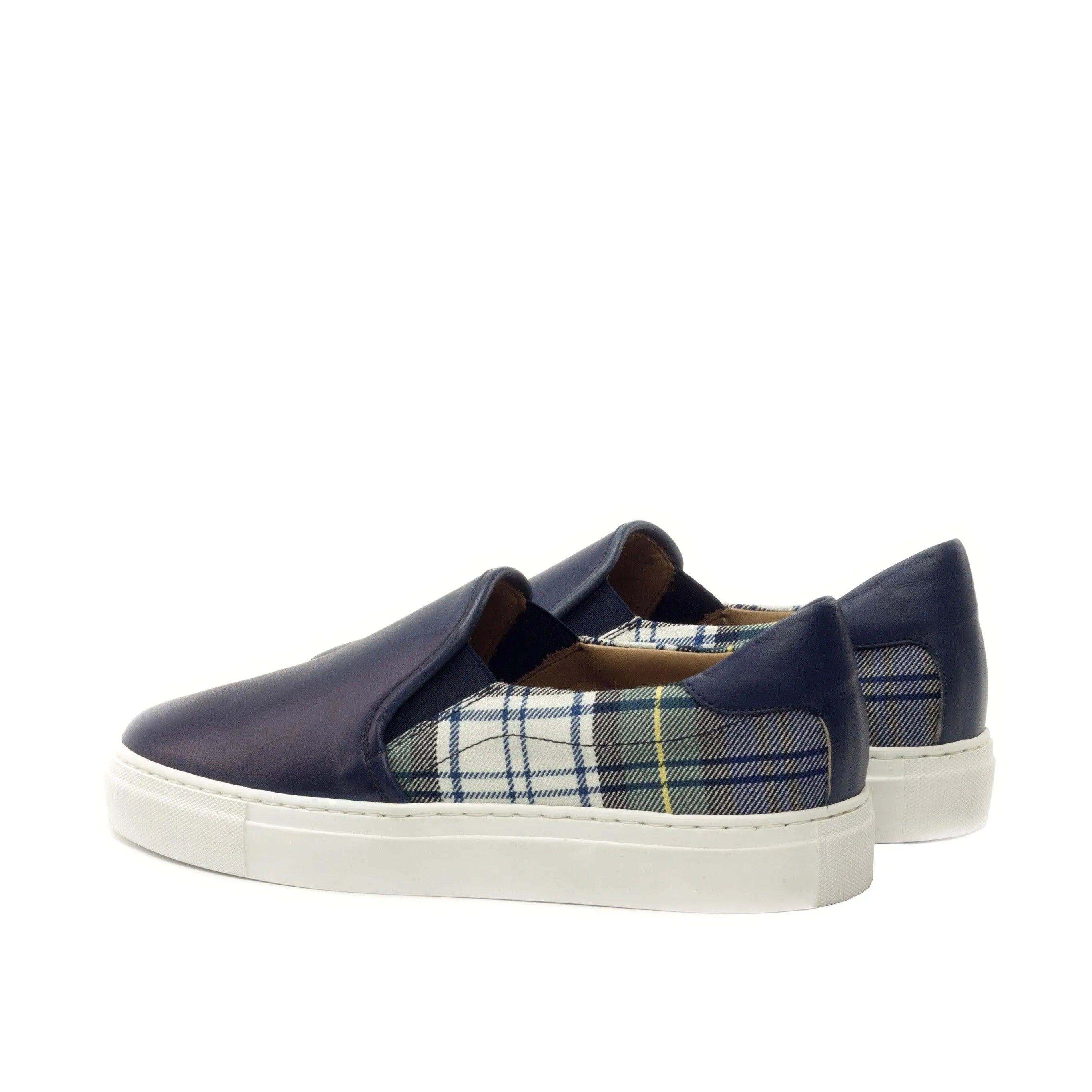 Pair of navy and plaid Crito slip on sneakers, ideal luxury bespoke shoes for men