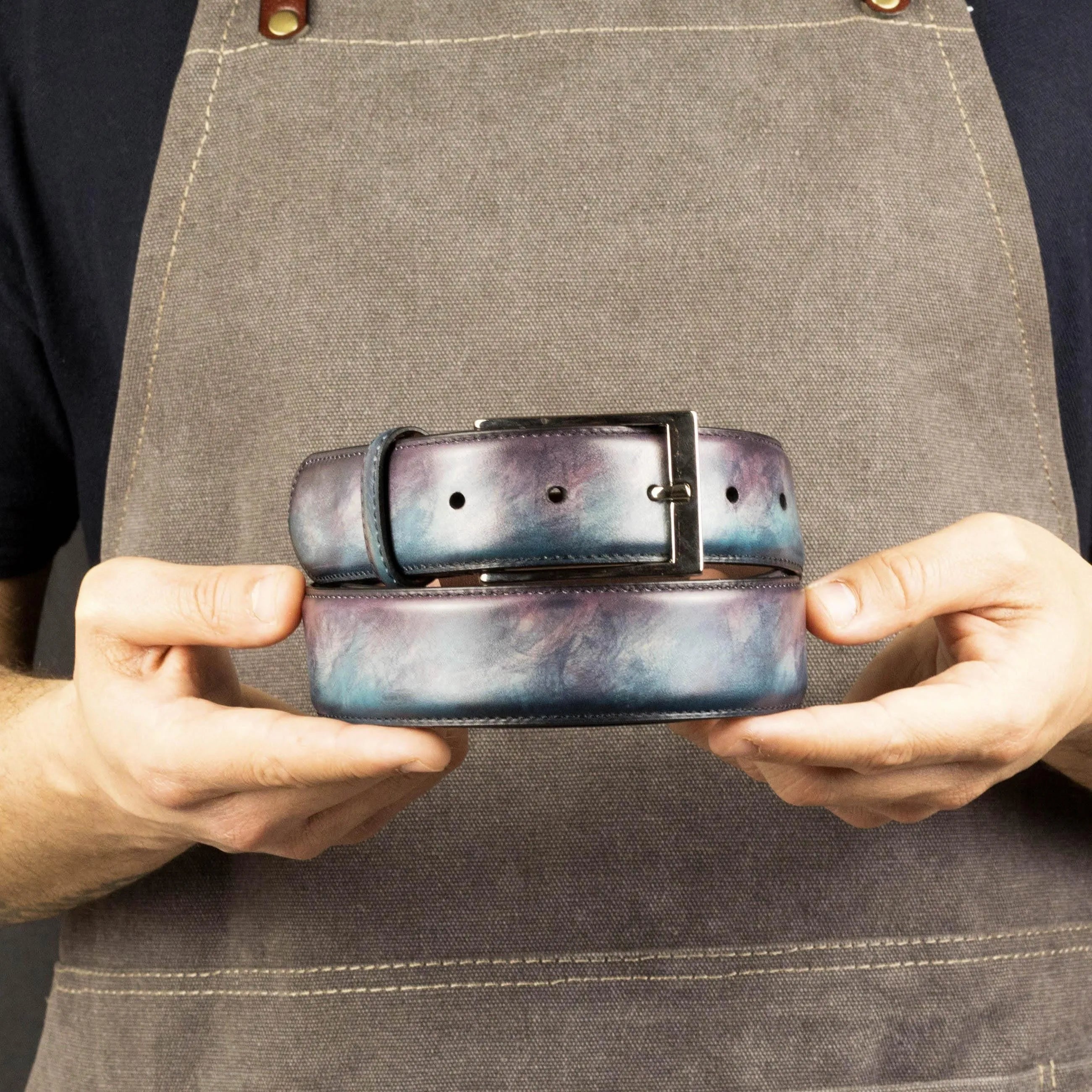 Handcrafted Cygnus Patina Hamptons Belt II showcasing rich patina and premium leather design