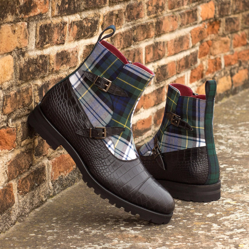 Black leather and plaid Dakehl Octavian Boots II showcasing stylish footwear design