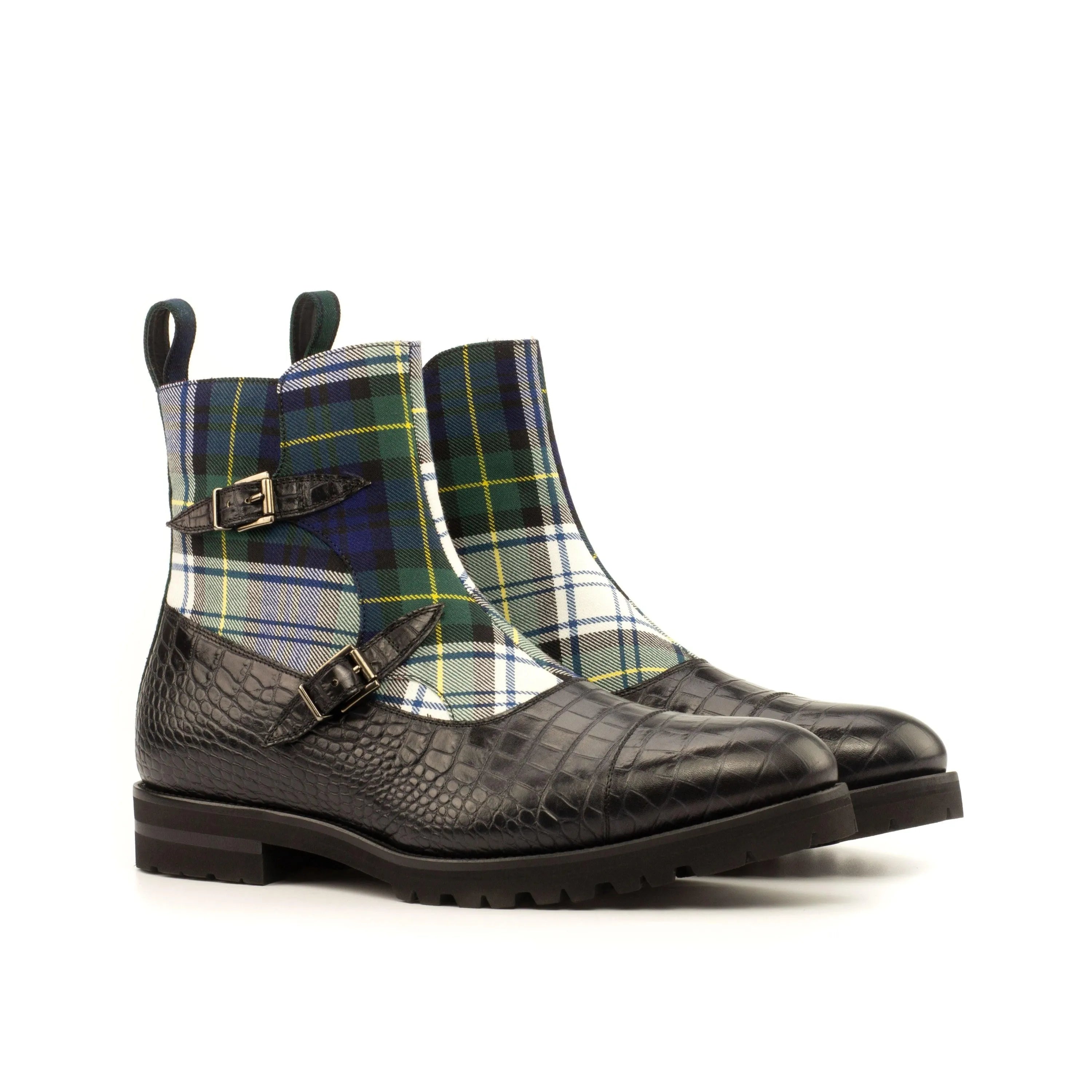 Tartan and crocodile leather Dakehl Octavian Boots II displayed on a neutral background