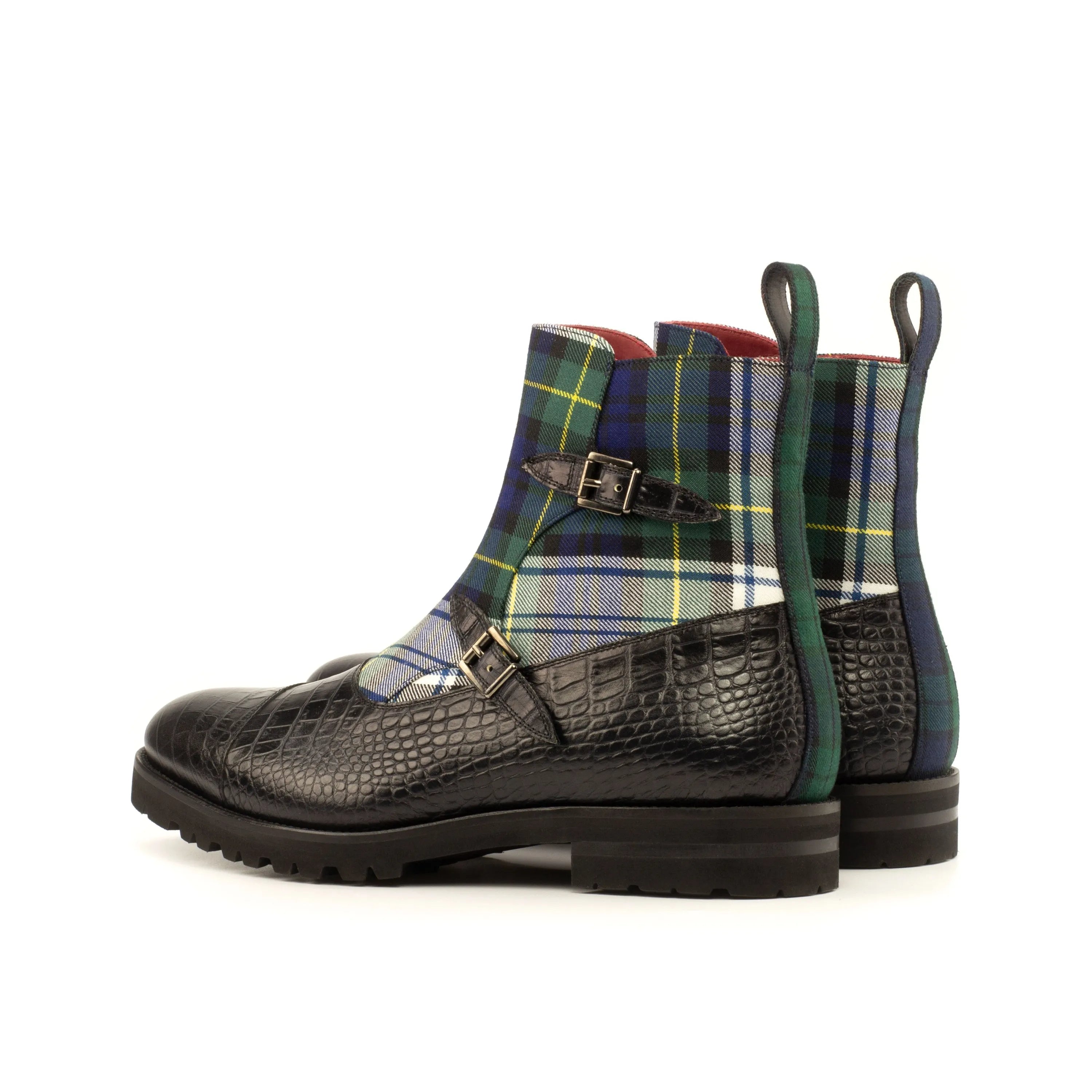 Black crocodile and plaid Dakehl Octavian Boots showcased in stylish display